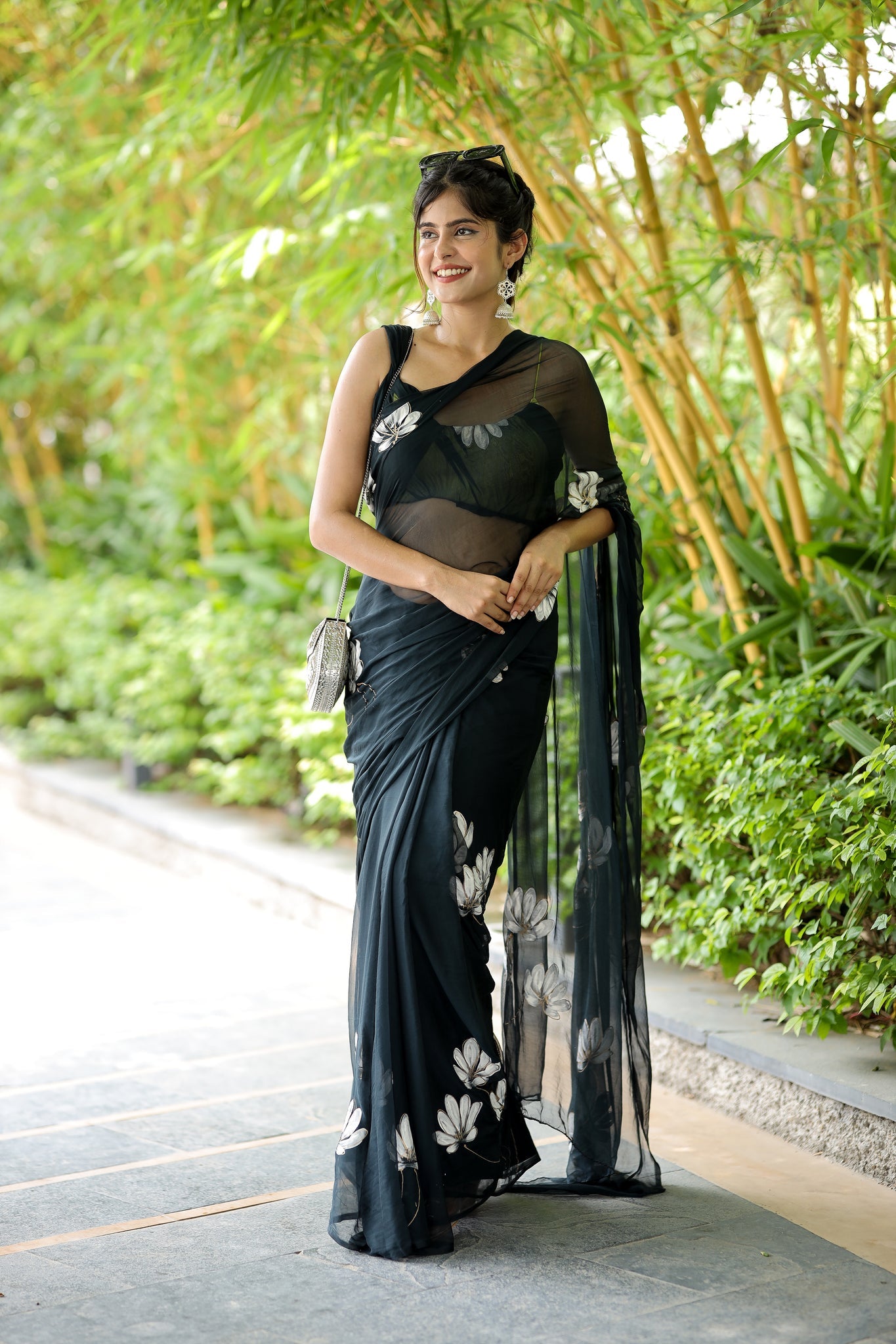 Black Floral Printed Ready-to-Wear Saree 411