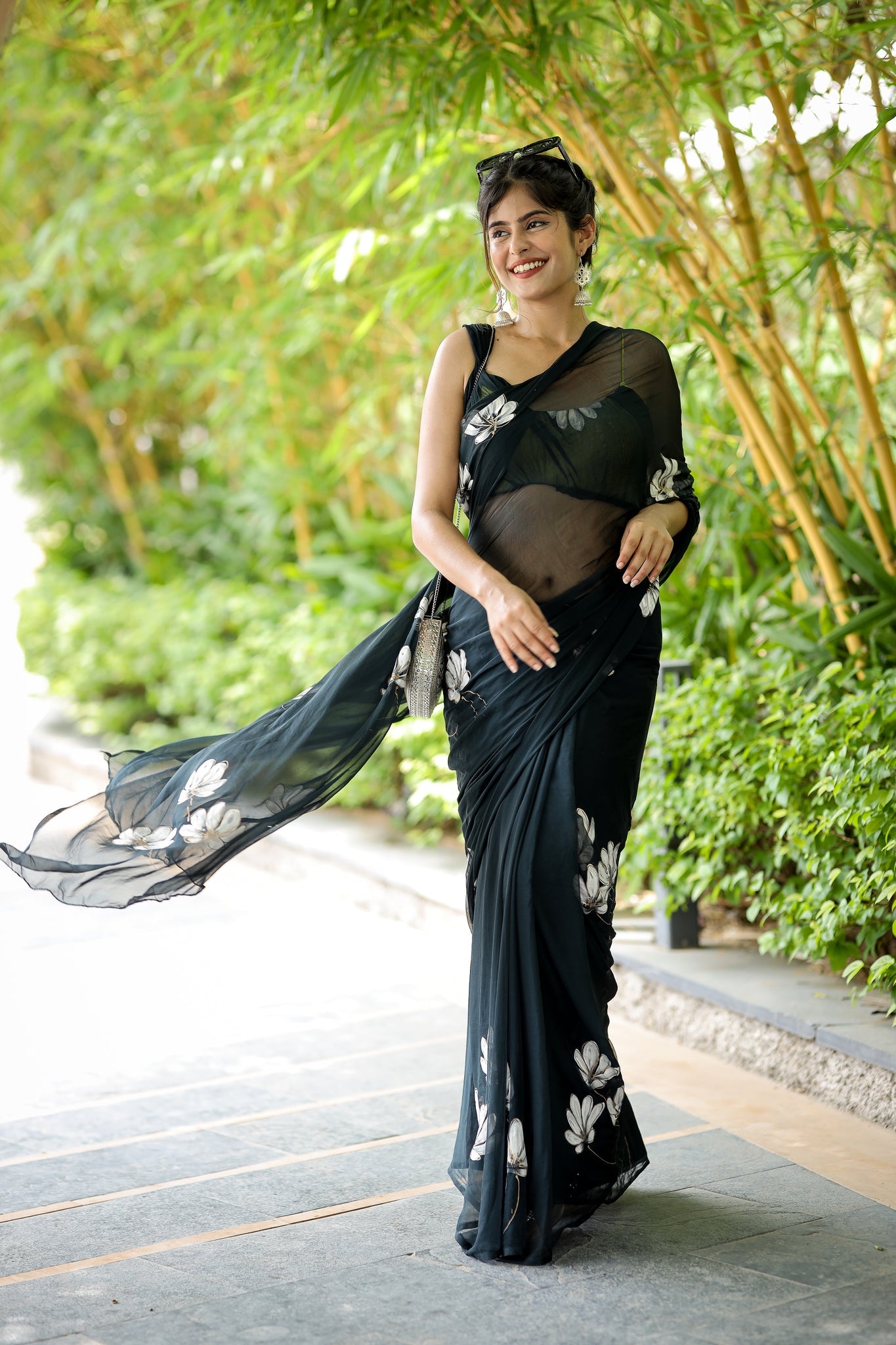 Black Floral Printed Ready-to-Wear Saree 411