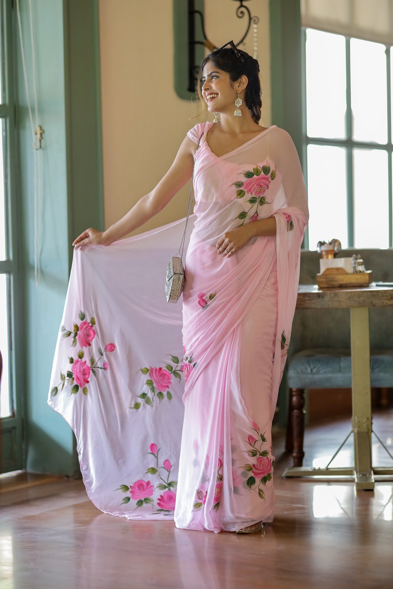 Baby pink Floral Printed Ready-to-Wear Saree 405