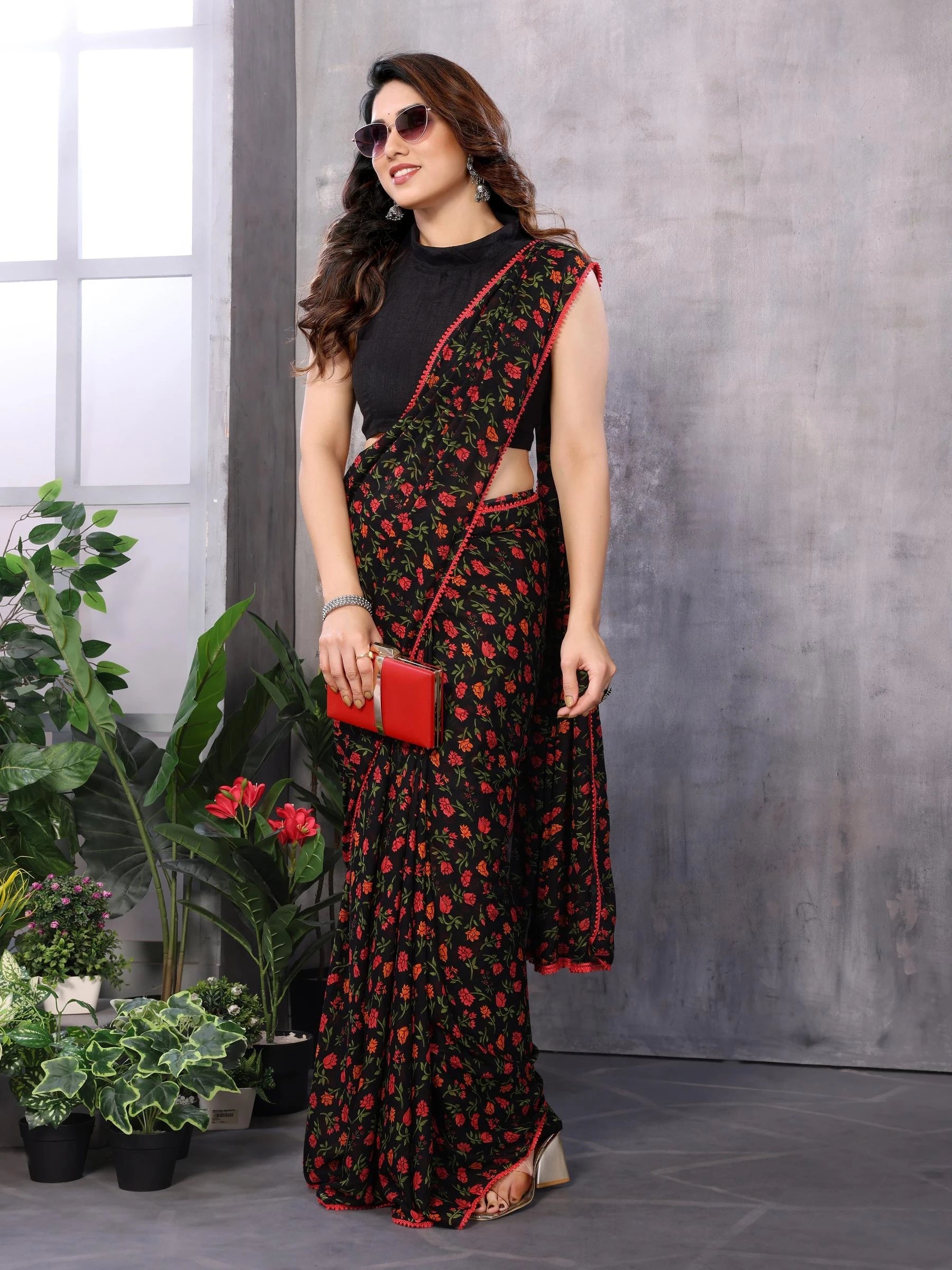 Black Printed Ready-to-Wear Saree  378