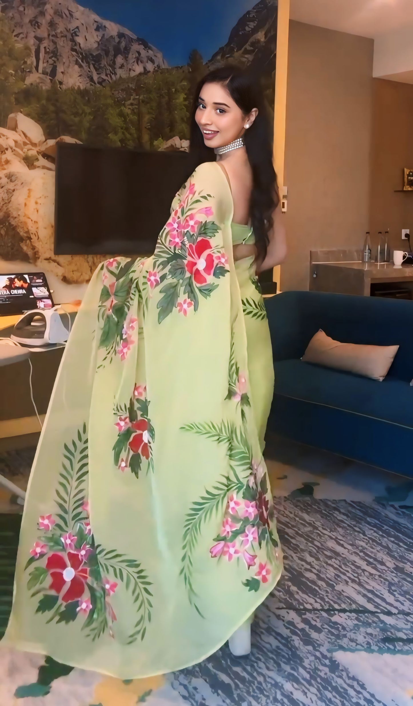 Light Green Floral Printed Ready-to-Wear Saree 256