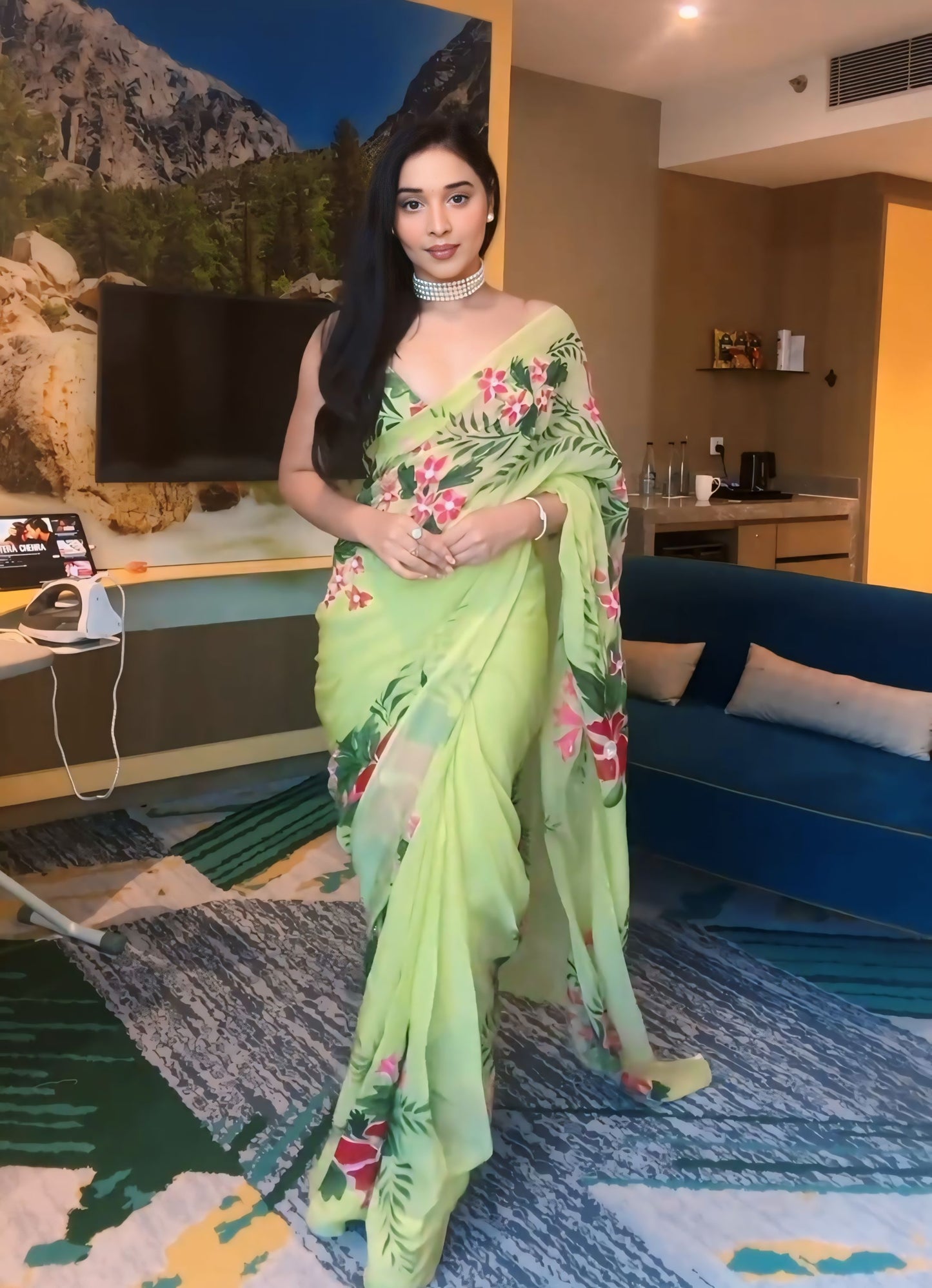 Light Green Floral Printed Ready-to-Wear Saree 256