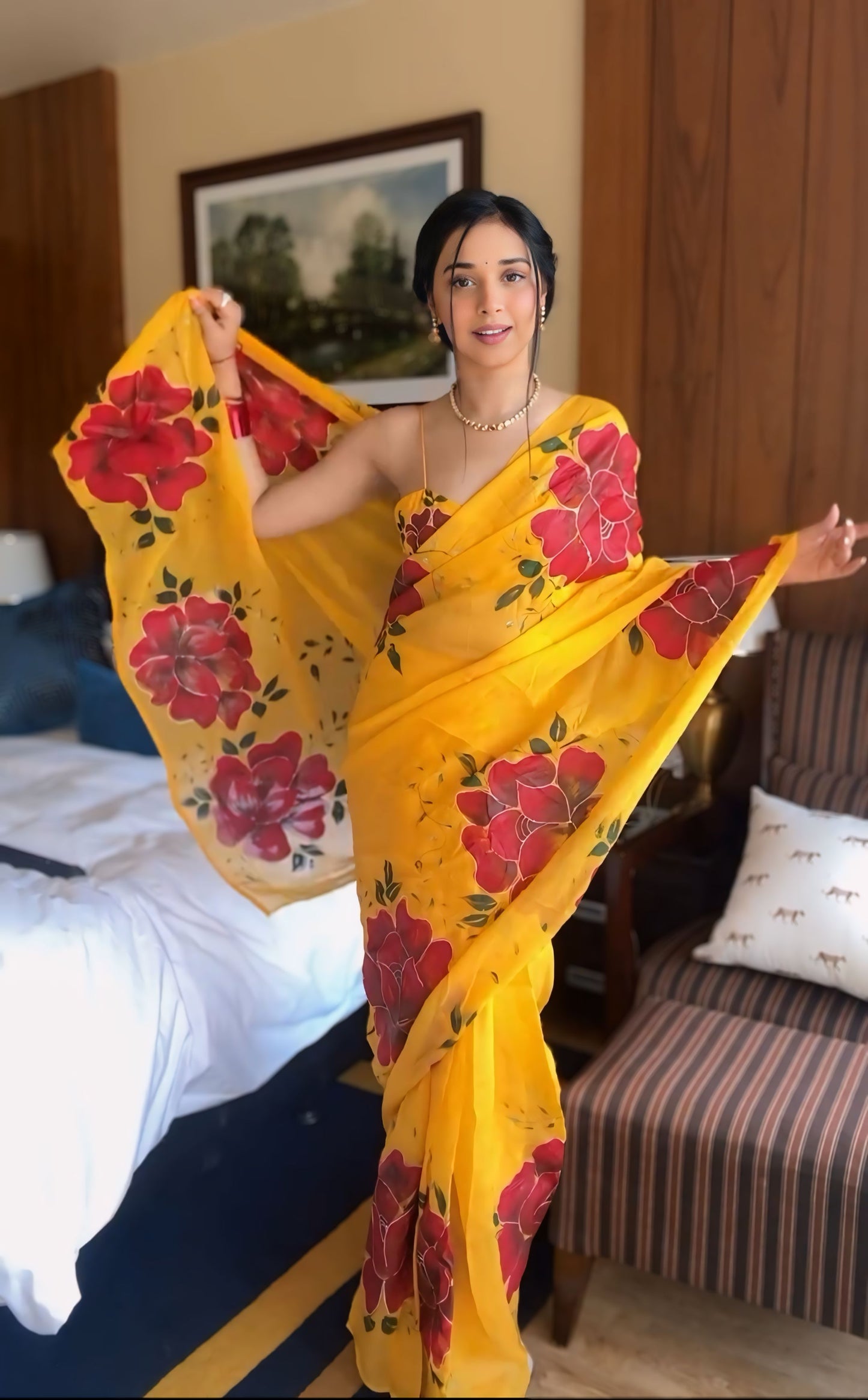 Yellow floral Printed Ready-to-Wear Saree-266