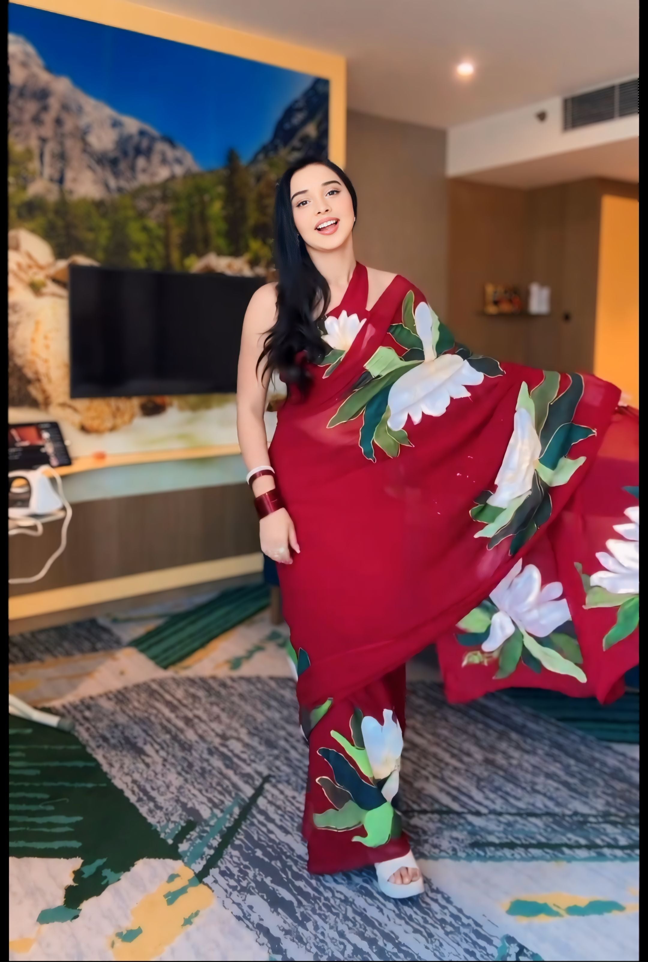 Red Floral Printed Ready-to-Wear Saree  267-1