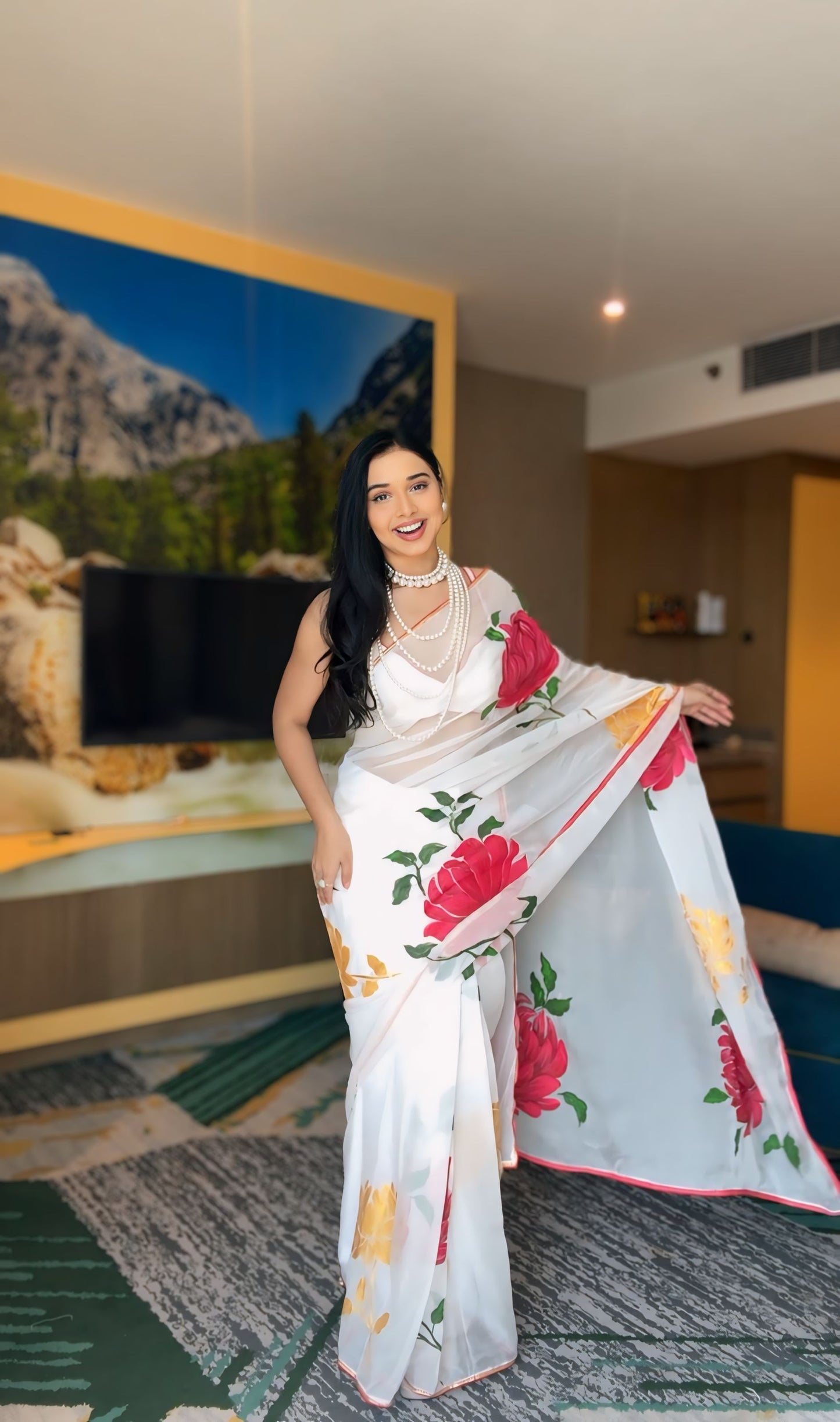 White Floral Printed Ready-to-Wear Saree 265-1