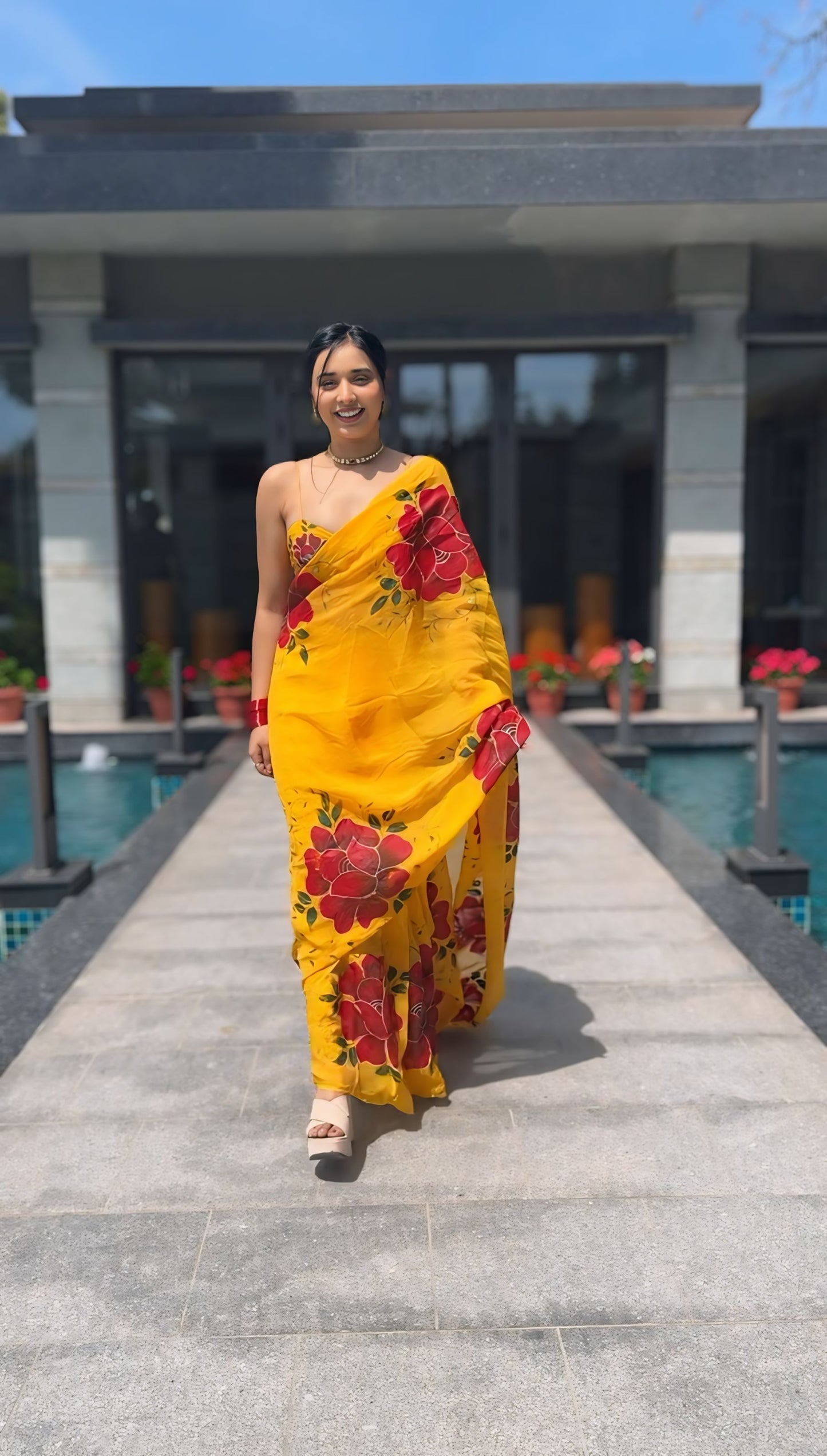 Yellow floral Printed Ready-to-Wear Saree-266