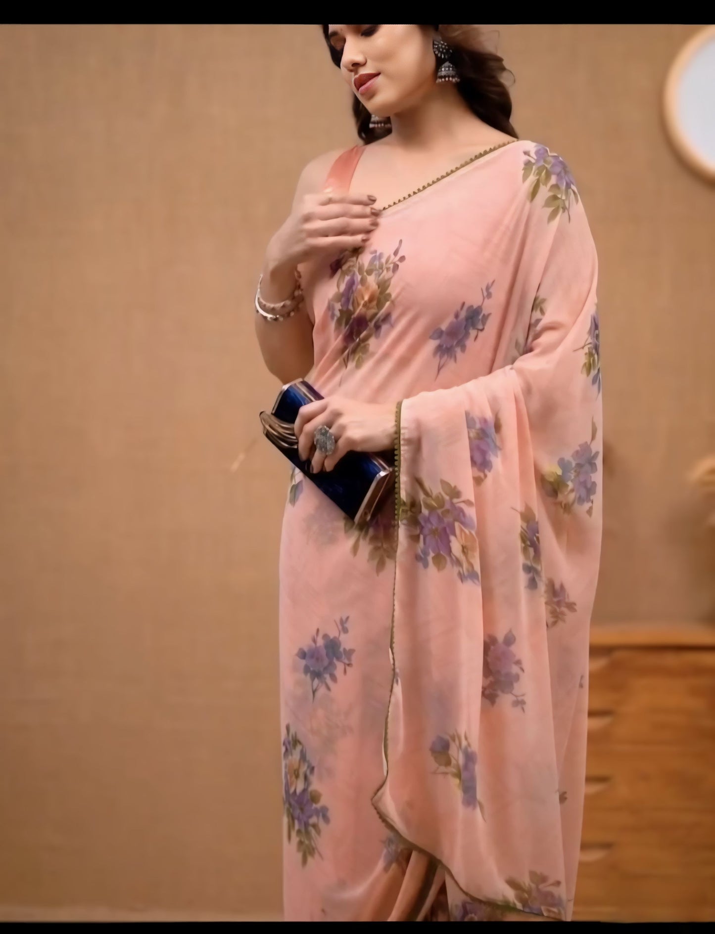 Light Pink Floral Printed Ready-to-Wear Saree  270-1