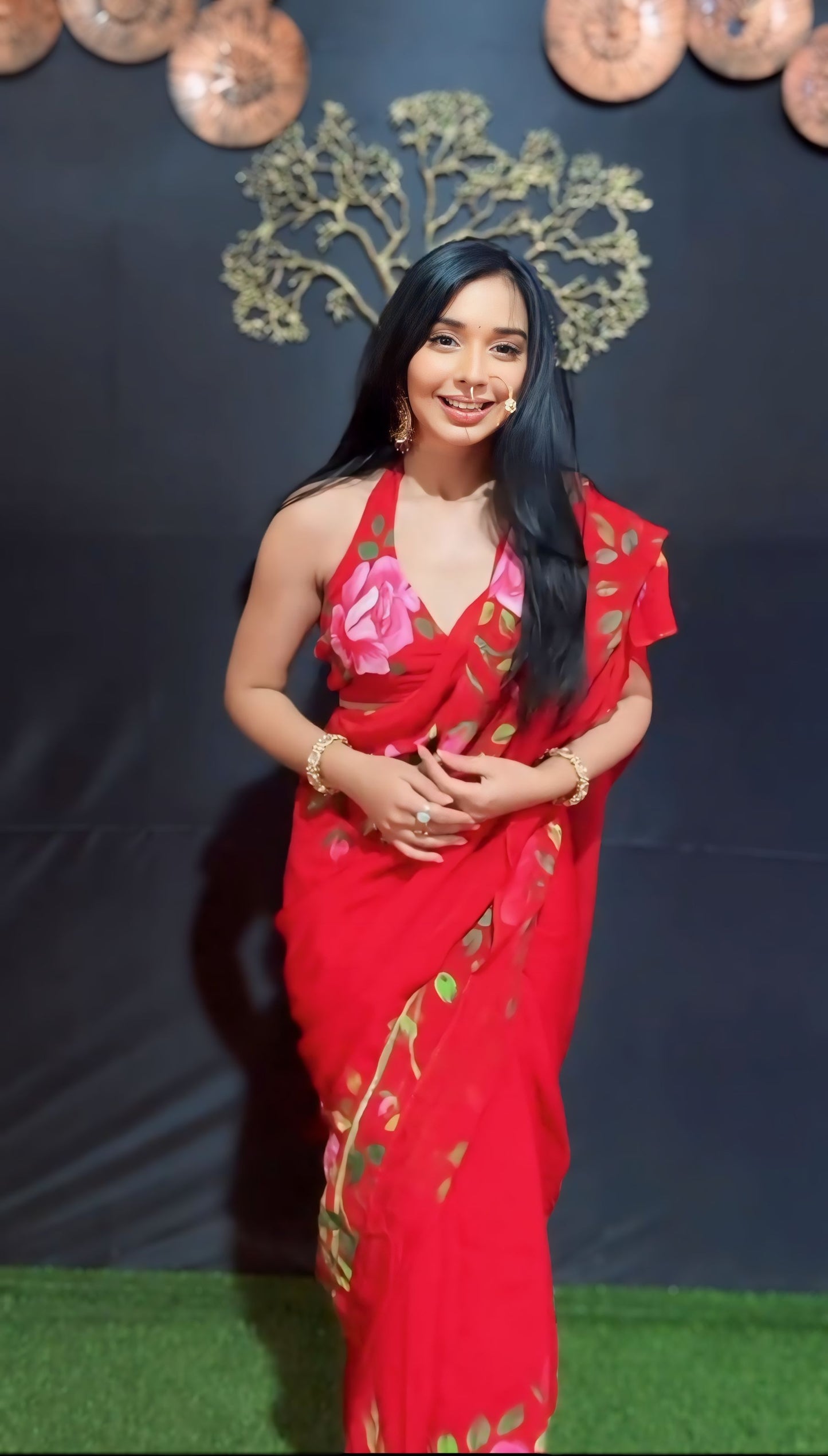 Red Floral Printed Ready-to-Wear Saree 279