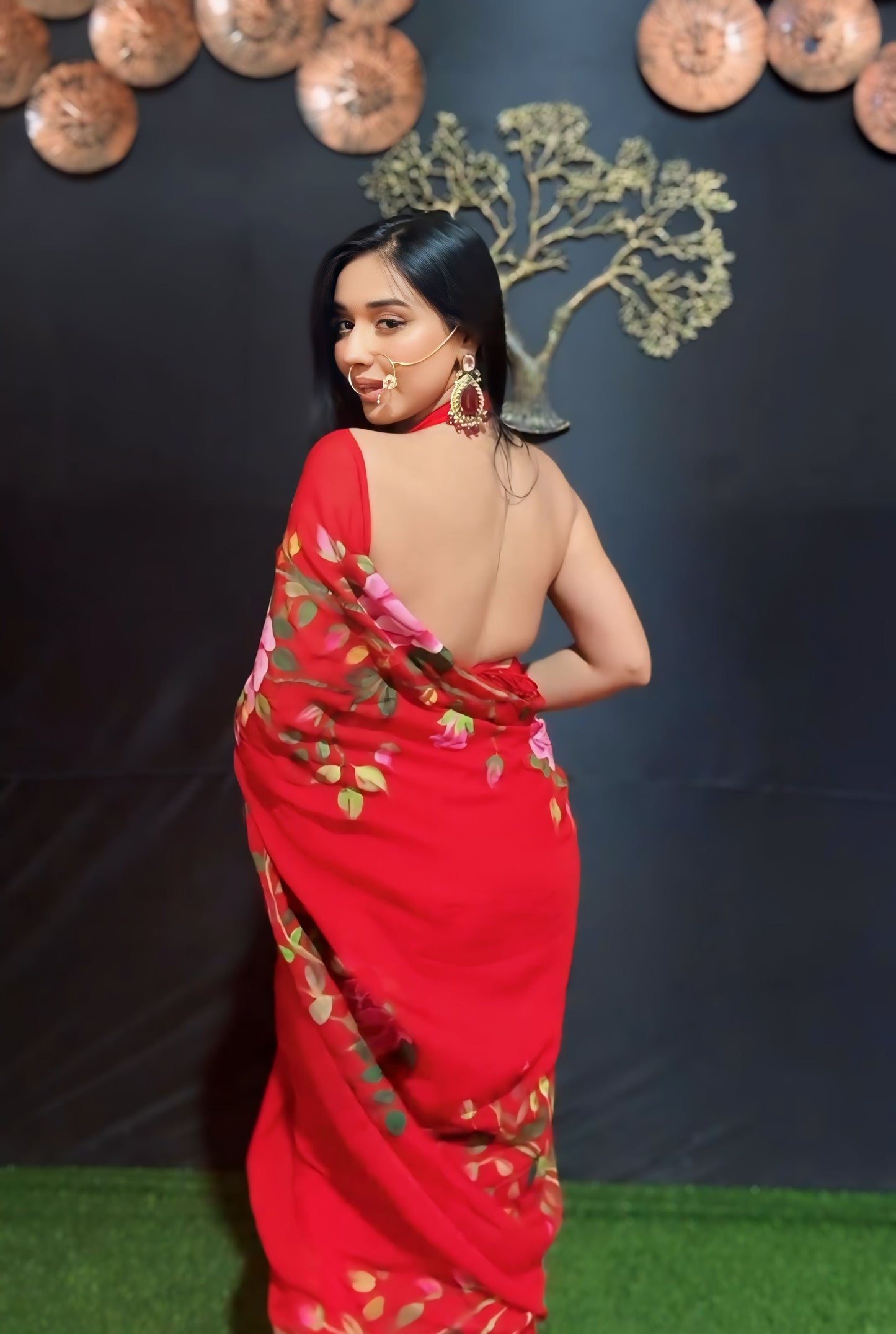 Red Floral Printed Ready-to-Wear Saree 279