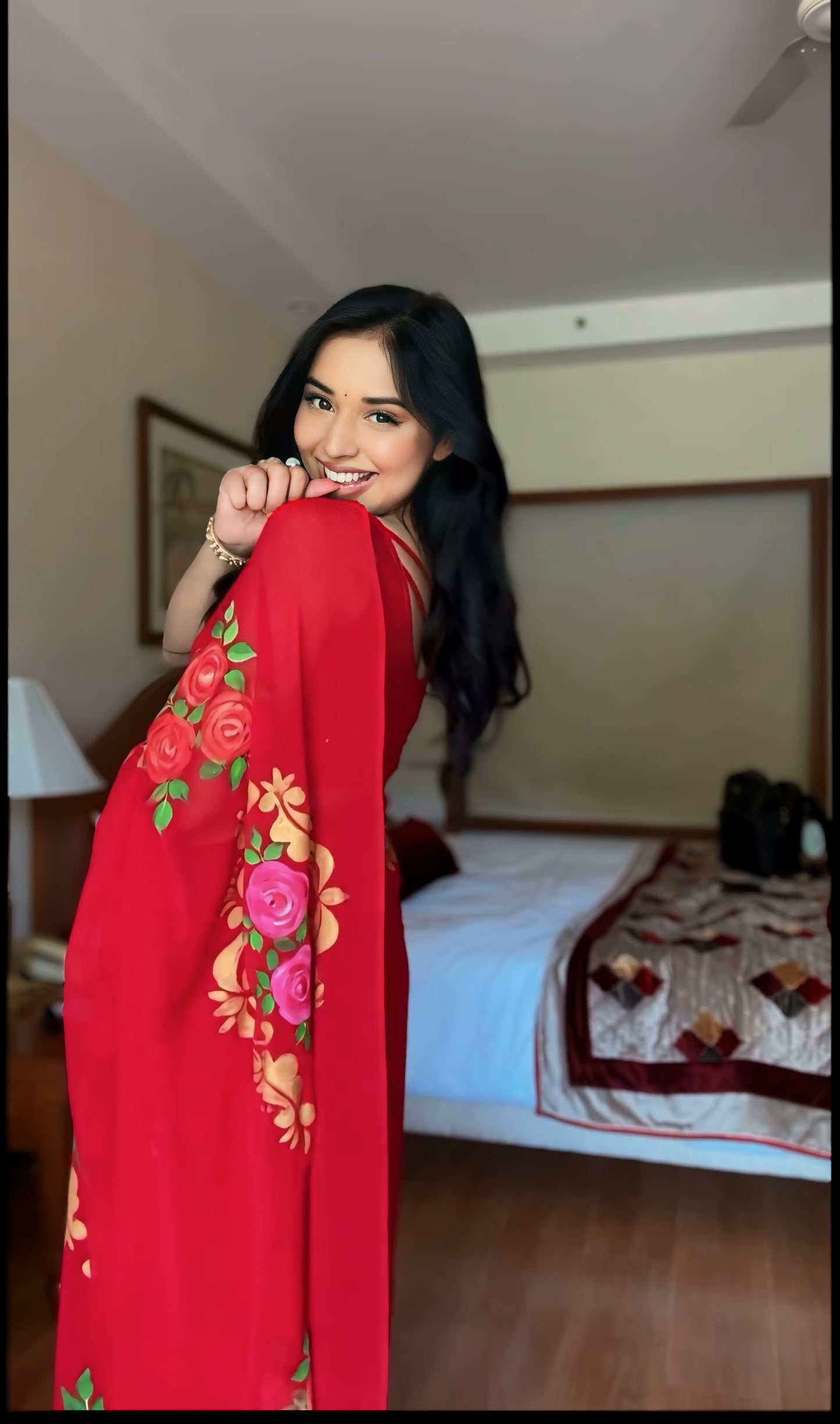 Red Floral Printed Ready-to-Wear Saree 278