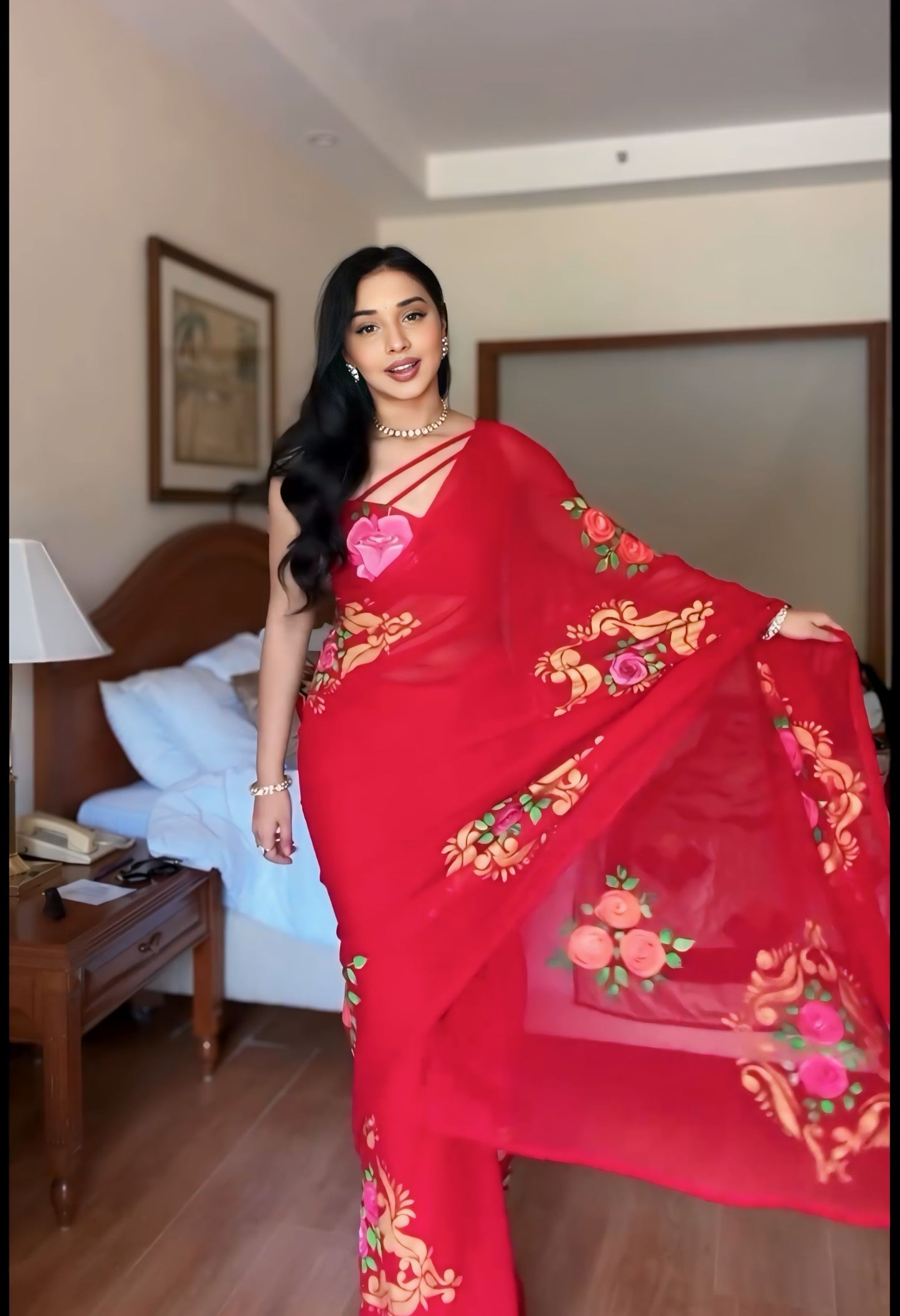 Red Floral Printed Ready-to-Wear Saree 278