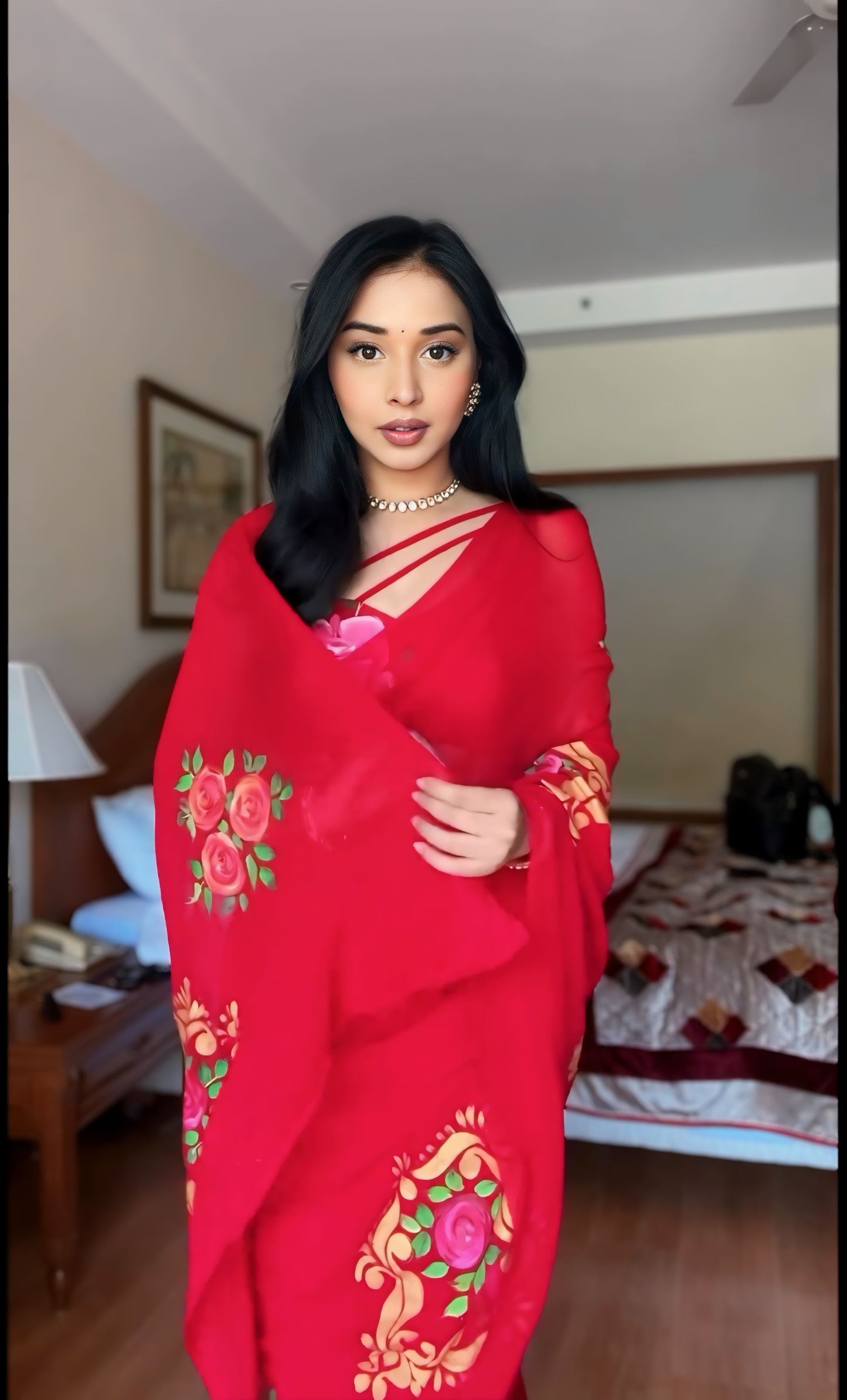 Red Floral Printed Ready-to-Wear Saree 278