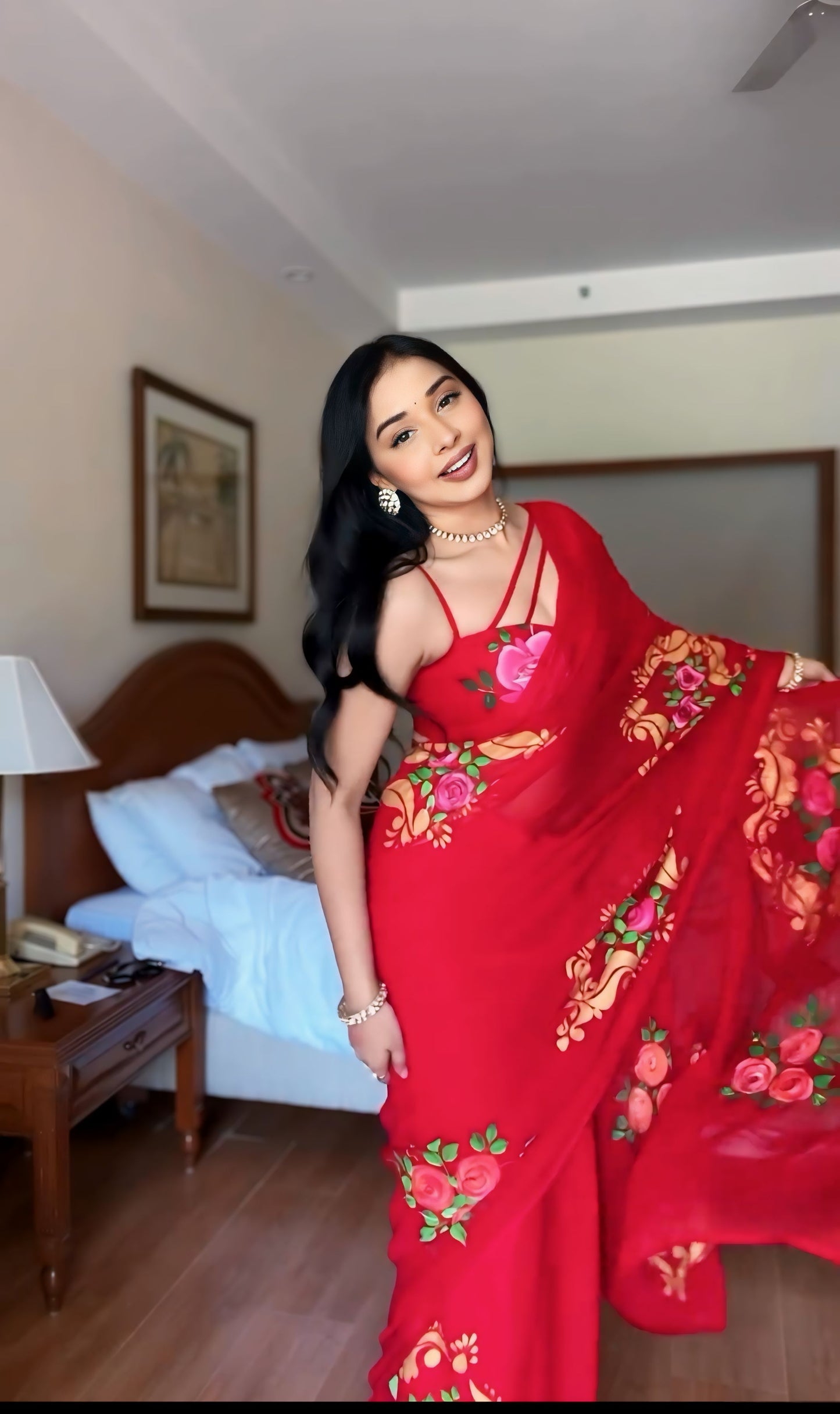 Red Floral Printed Ready-to-Wear Saree 278