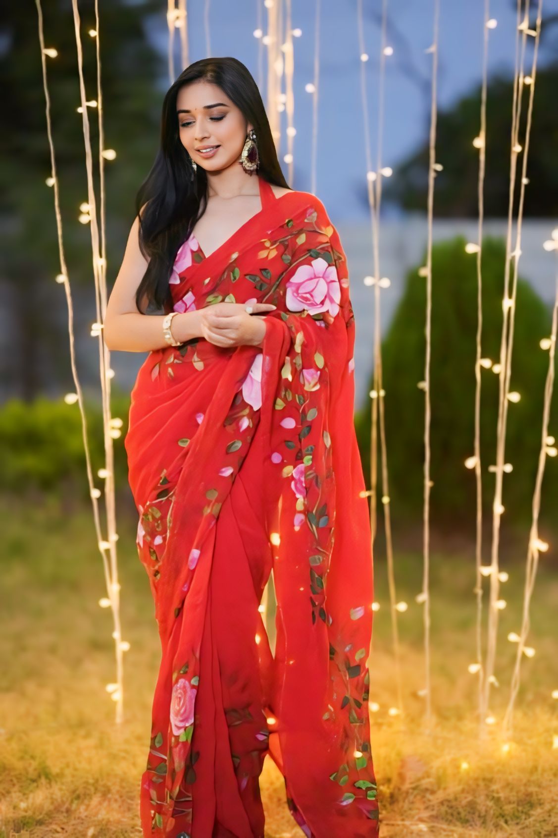 Red Floral Printed Ready-to-Wear Saree 279