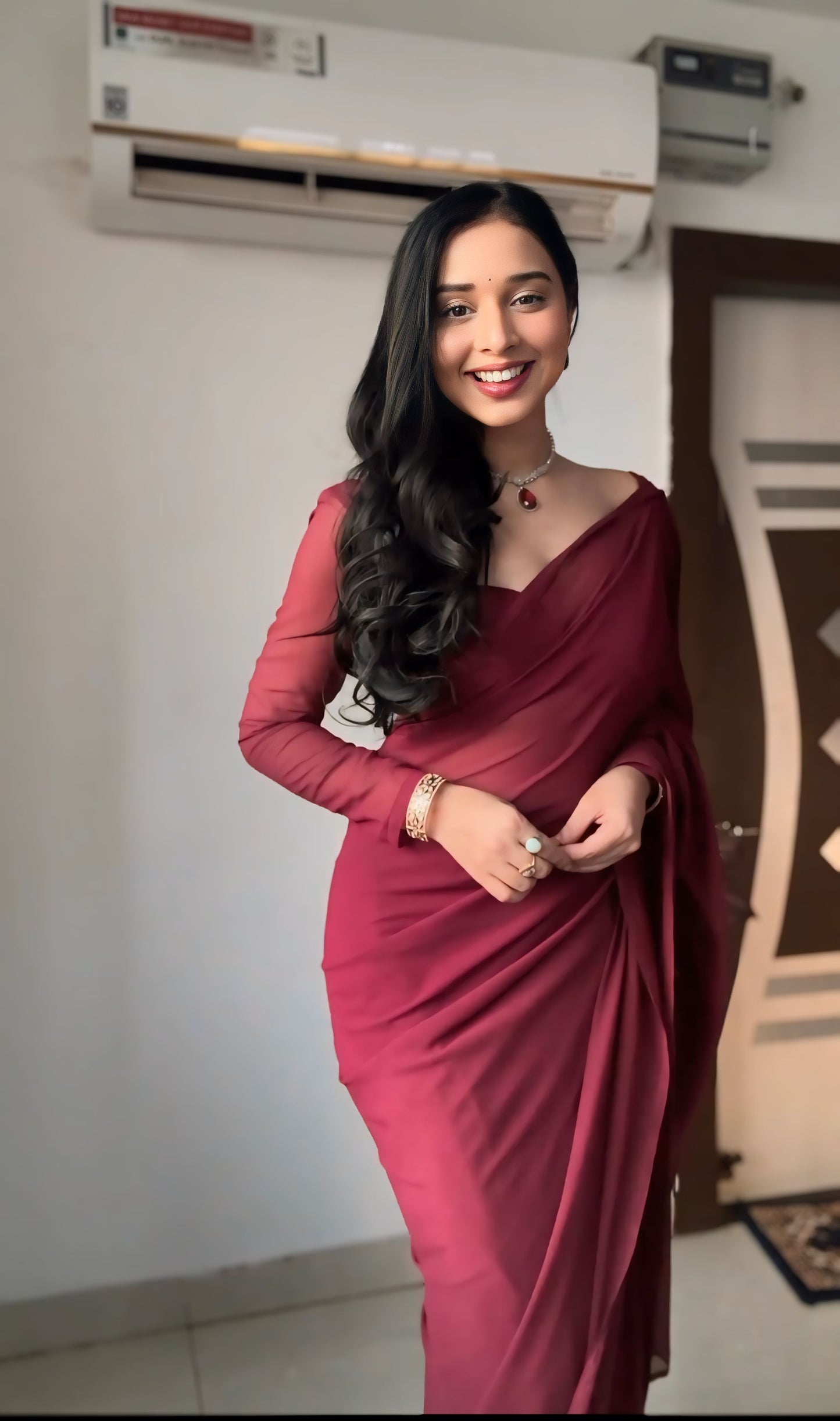 Maroon plain Ready-to-Wear Saree 248