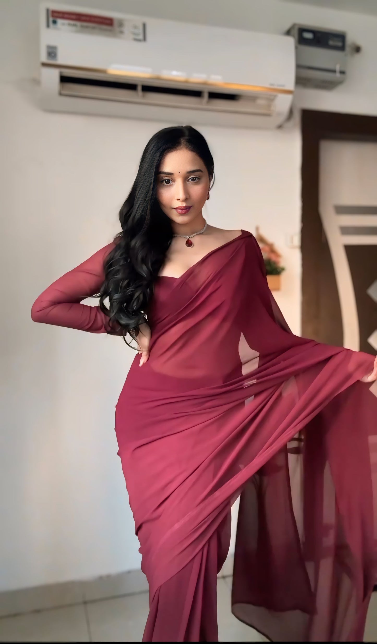 Maroon plain Ready-to-Wear Saree 248