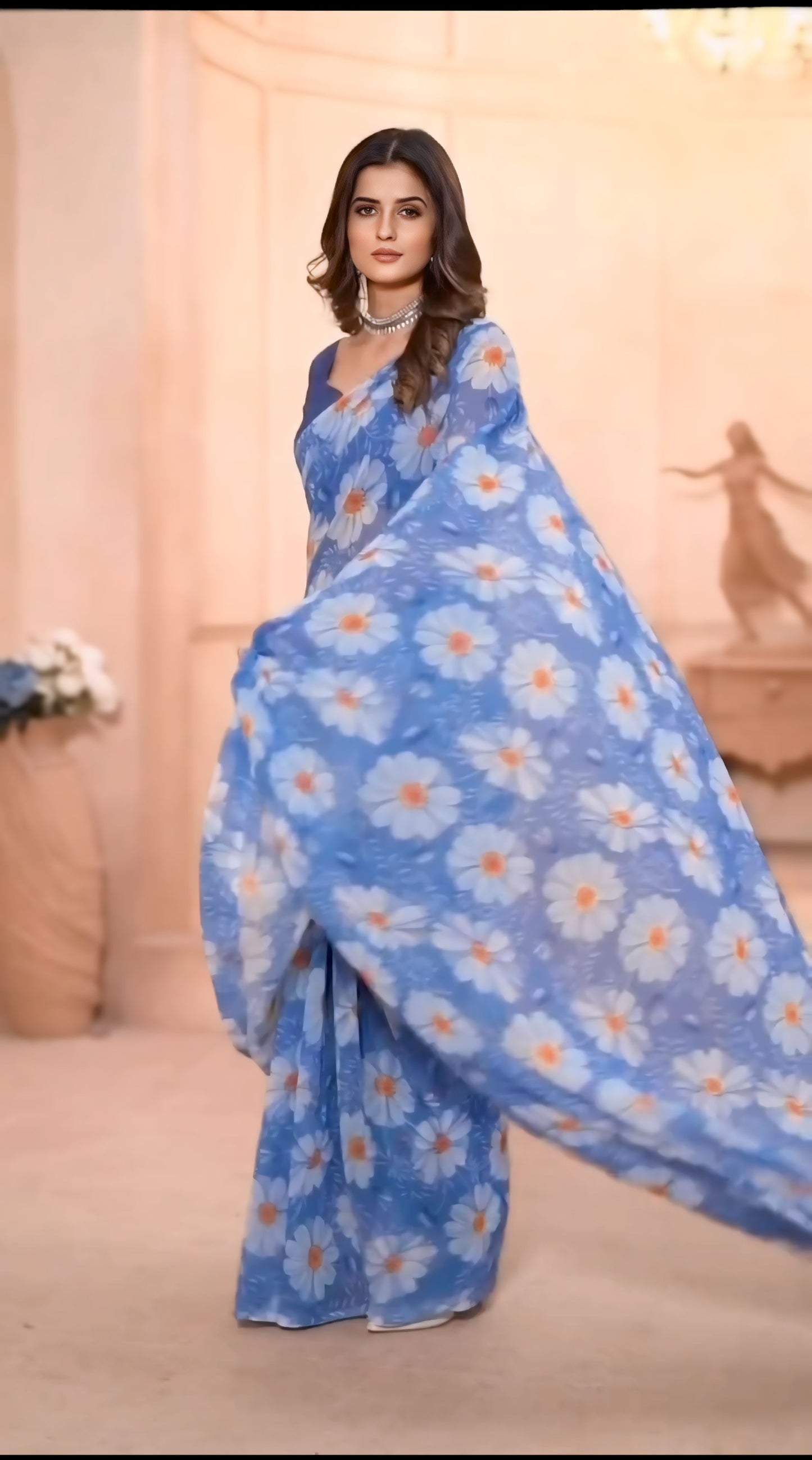 Blue Floral Printed Ready-to-Wear Saree  315-1