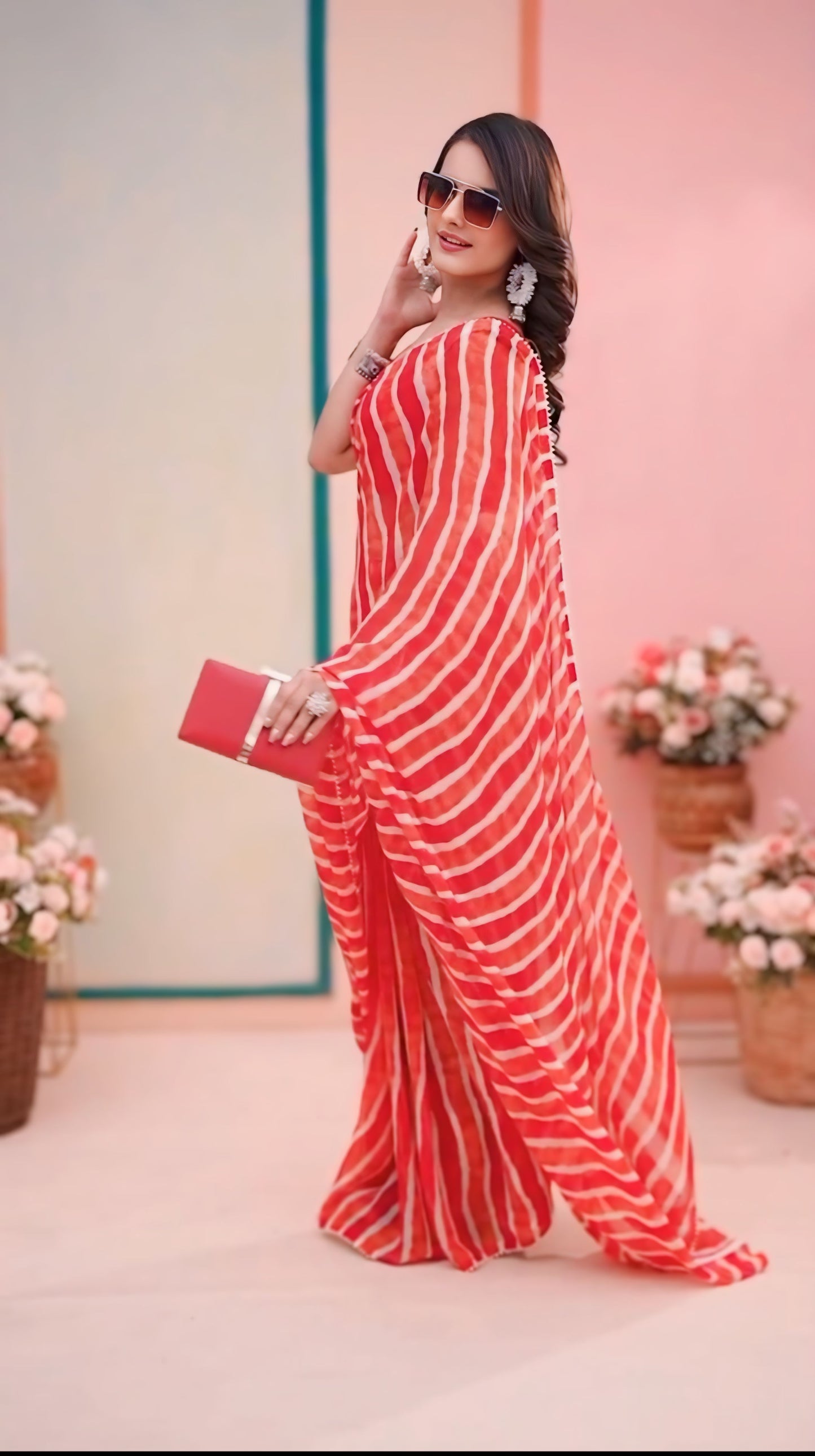 Red with white lining Printed Ready-to-Wear Saree 324