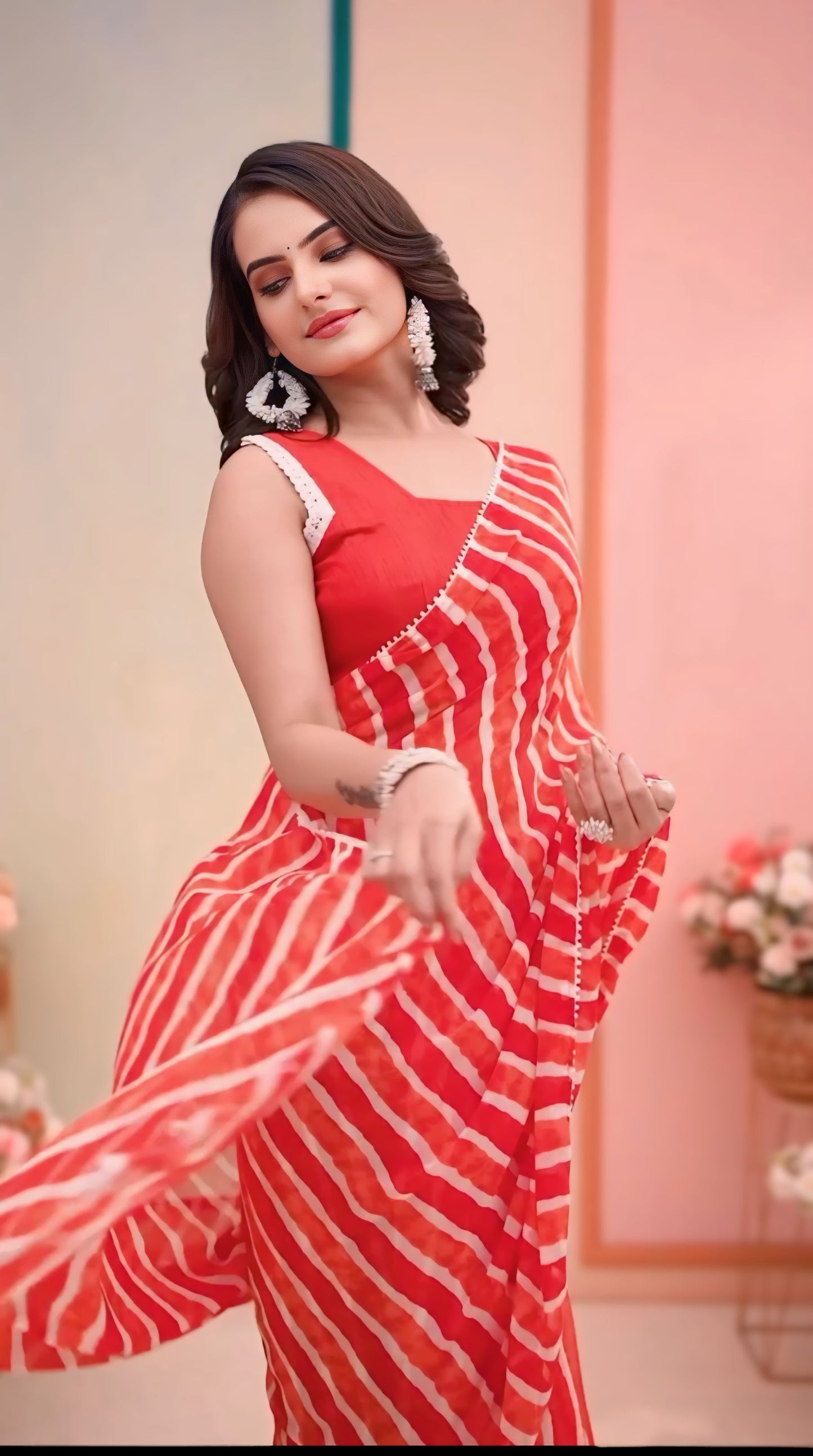 Red with white lining Printed Ready-to-Wear Saree 324