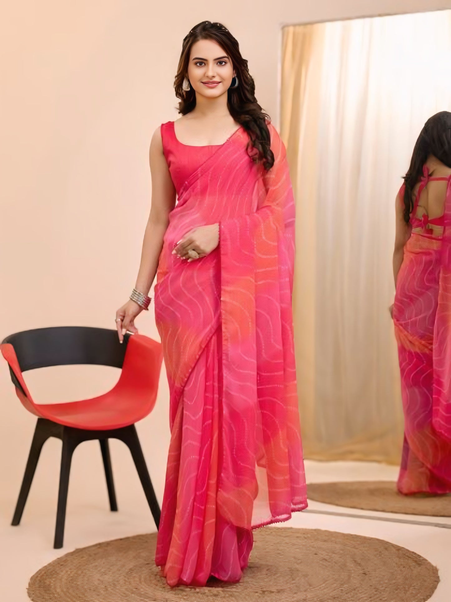 Pink  Printed Ready-to-Wear Saree  384