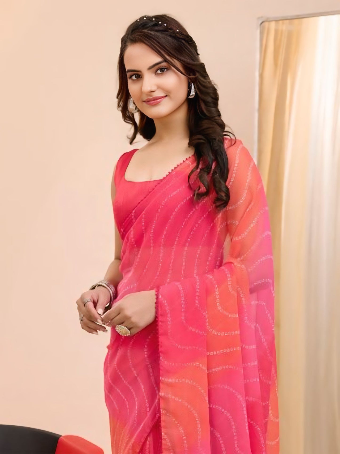 Pink  Printed Ready-to-Wear Saree  384