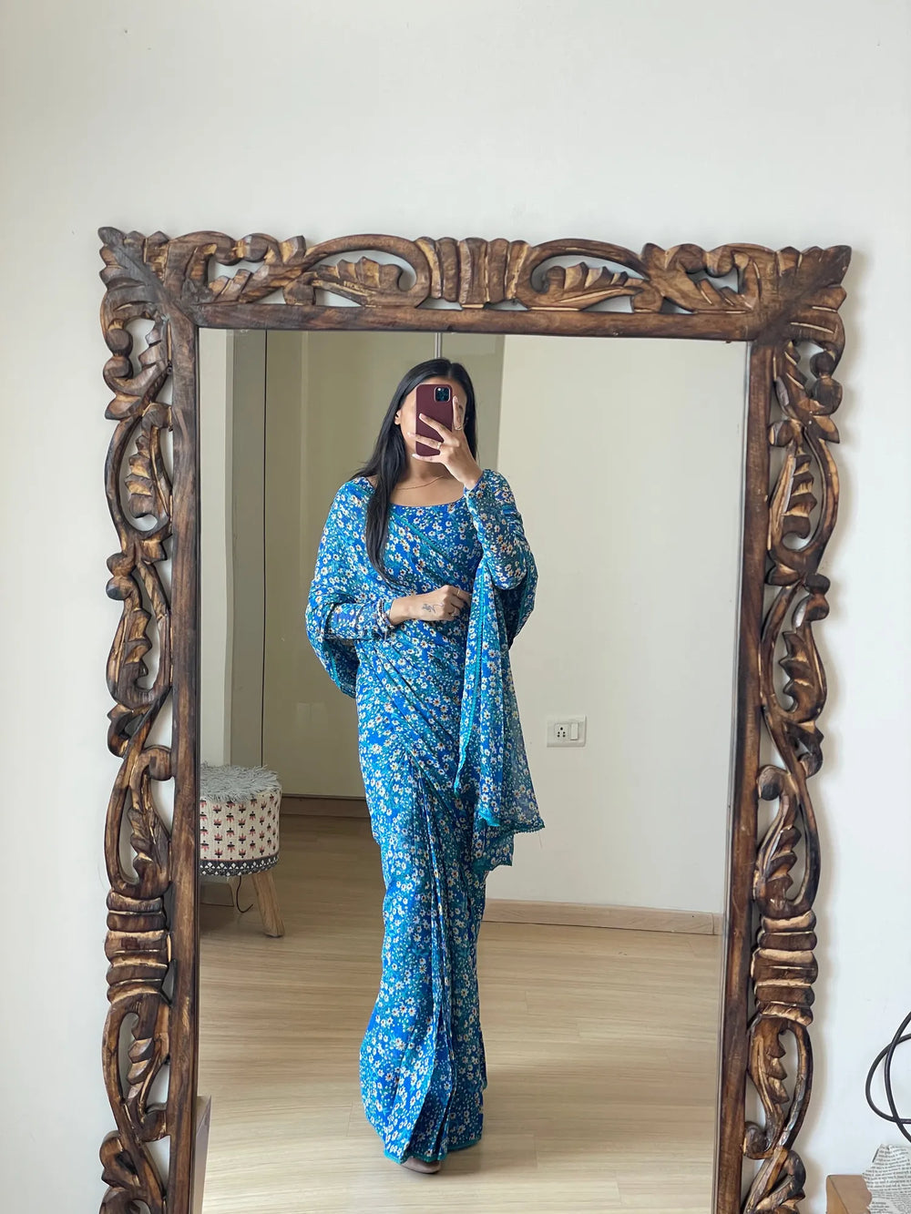 Blue Floral Printed Ready-to-Wear Saree 293