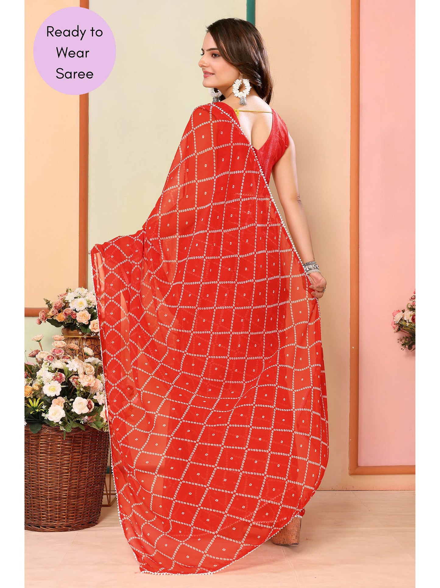 Orange Printed Ready-to-Wear Saree with white line 414