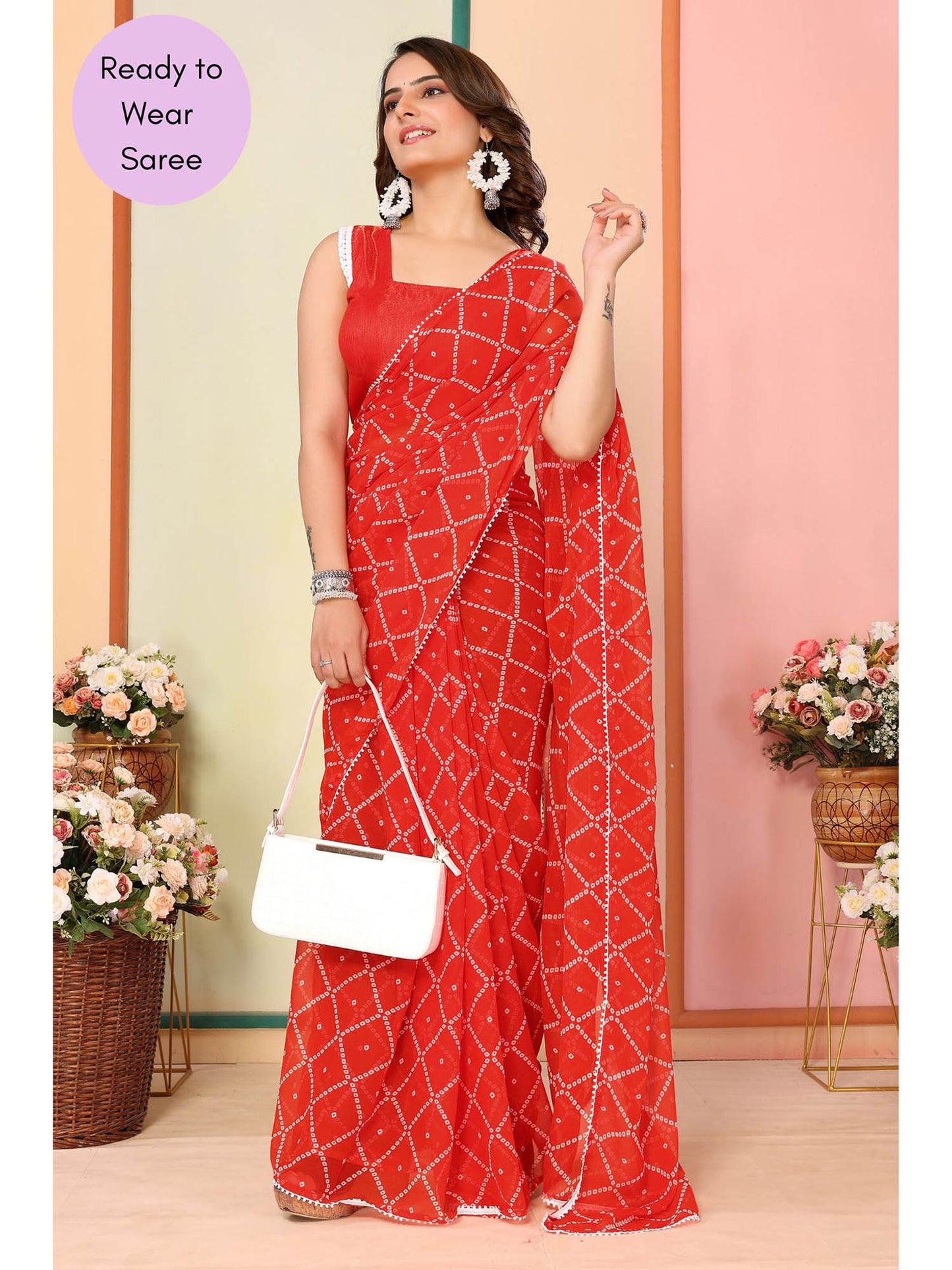 Orange Printed Ready-to-Wear Saree with white line 414