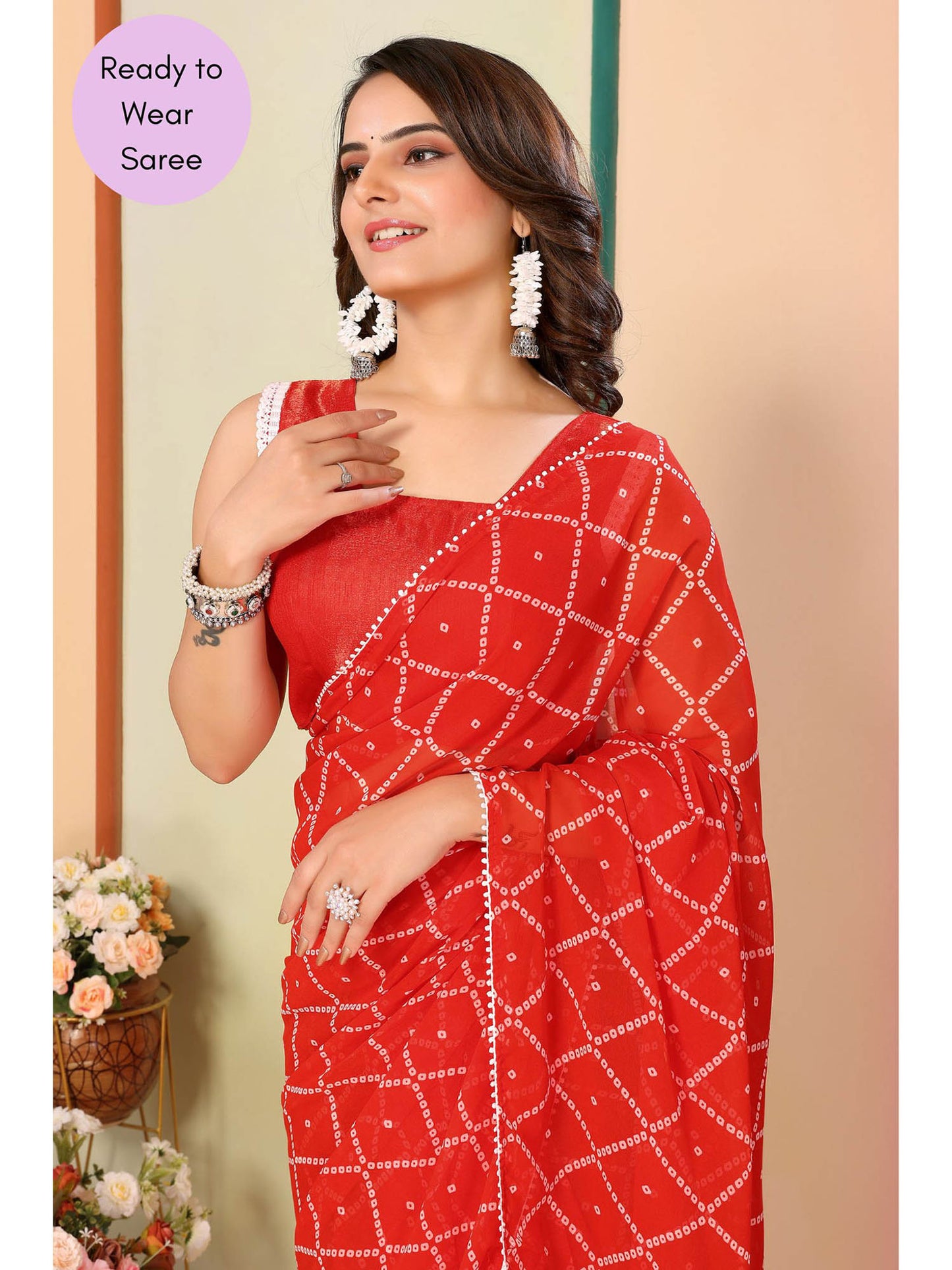Orange Printed Ready-to-Wear Saree with white line 414