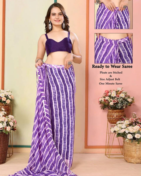 Purple with white lining Printed Ready-to-Wear Saree 324