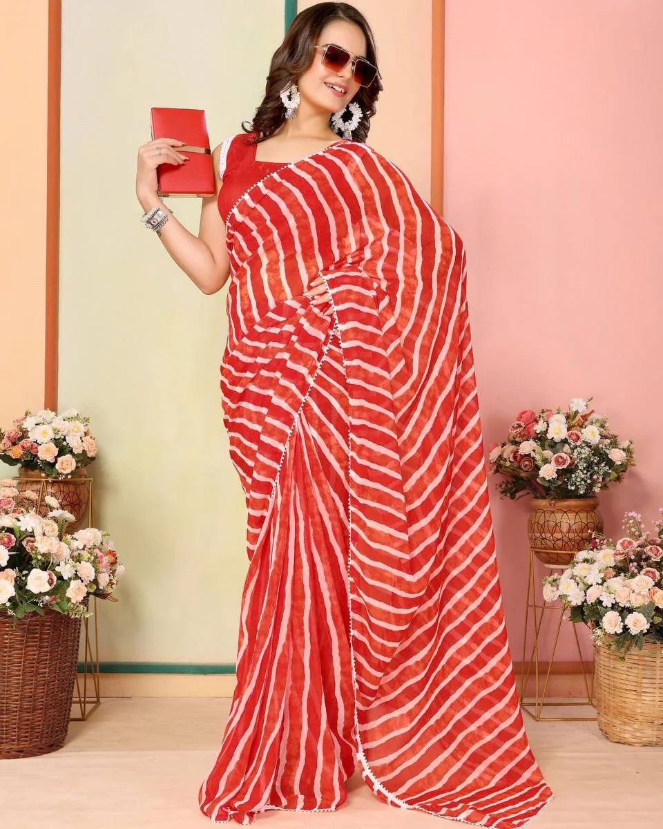 Red with white lining Printed Ready-to-Wear Saree 324