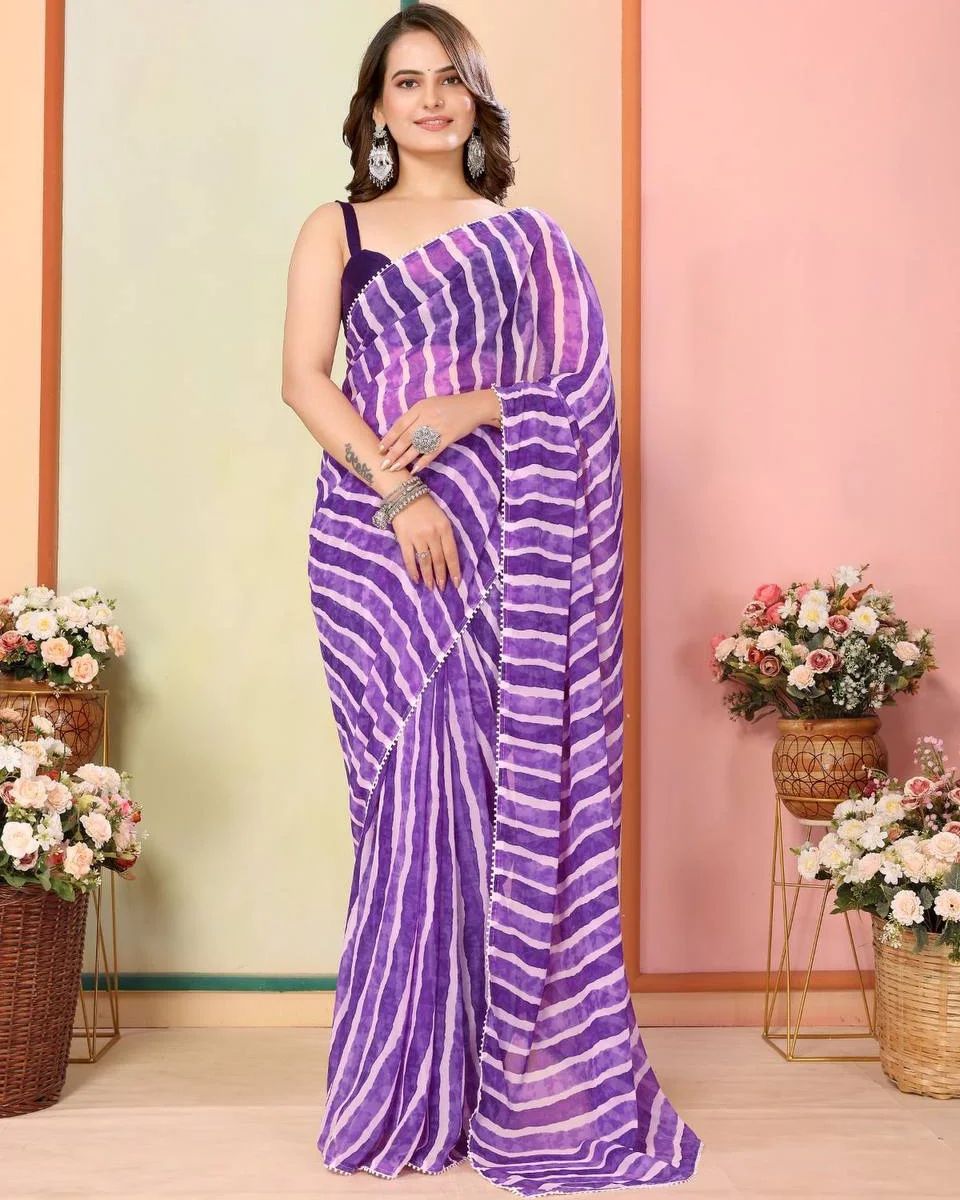 Purple with white lining Printed Ready-to-Wear Saree 324