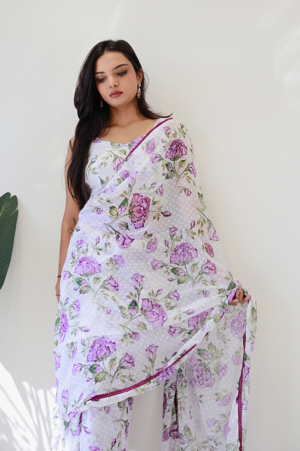 White Floral Printed Ready-to-Wear Saree  282-1