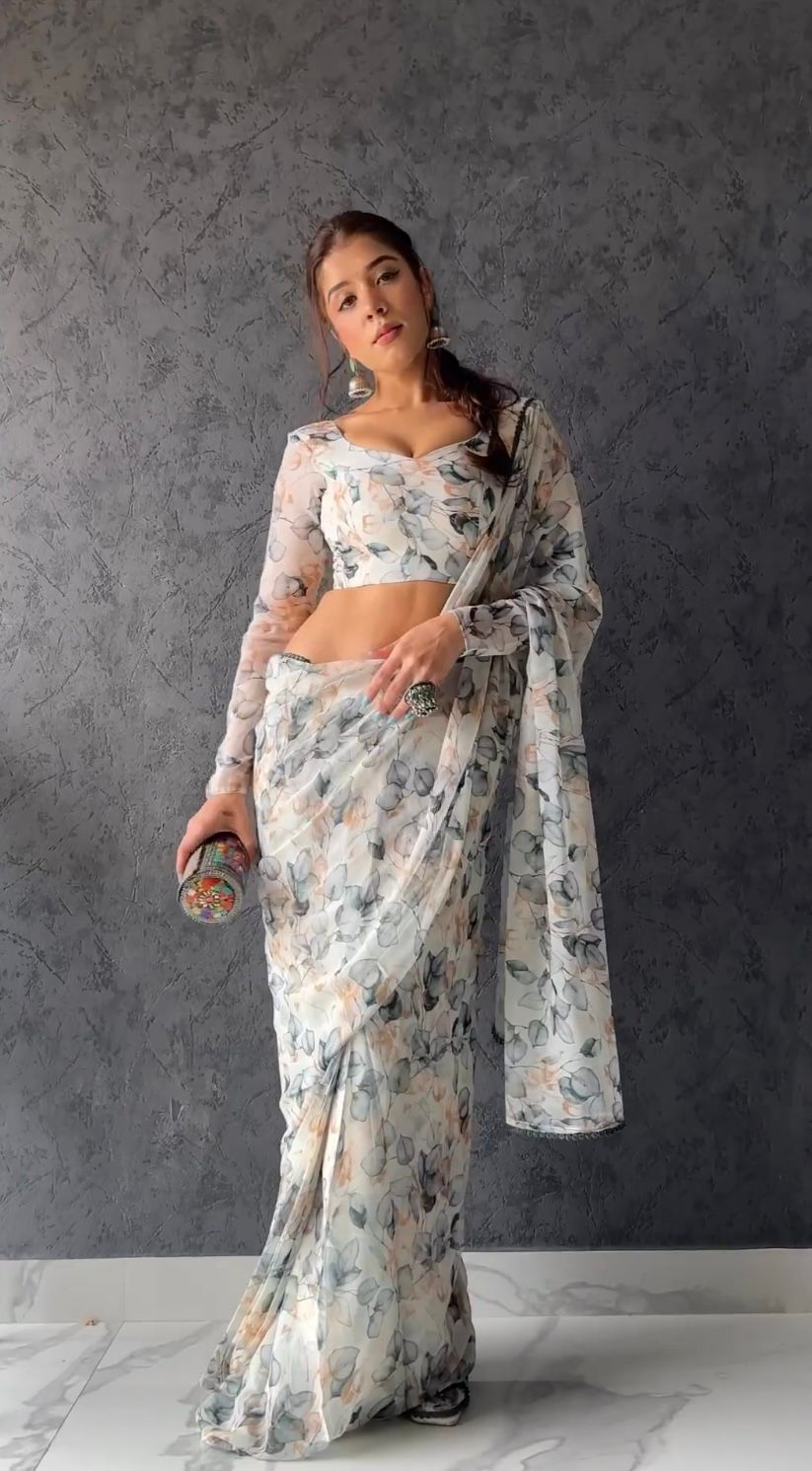 White floral Printed Ready-to-Wear Saree 157