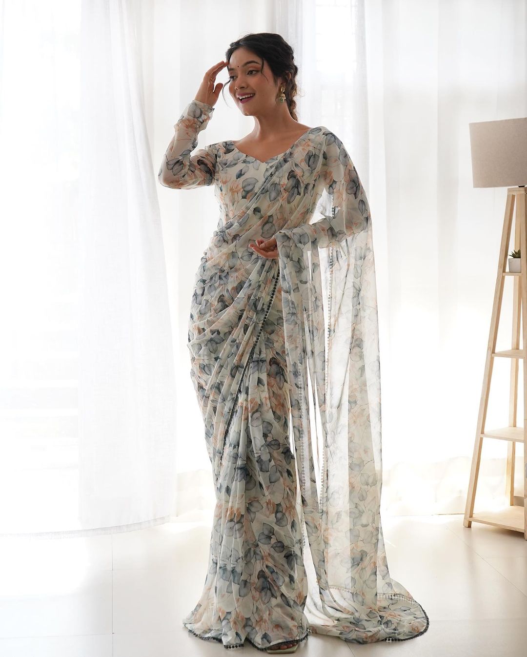 White floral Printed Ready-to-Wear Saree 157