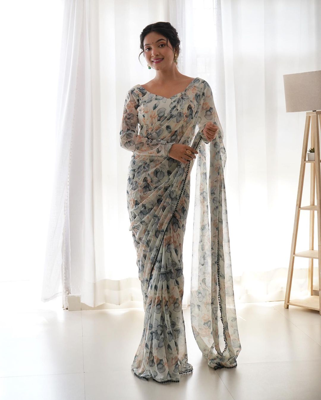 White floral Printed Ready-to-Wear Saree 157