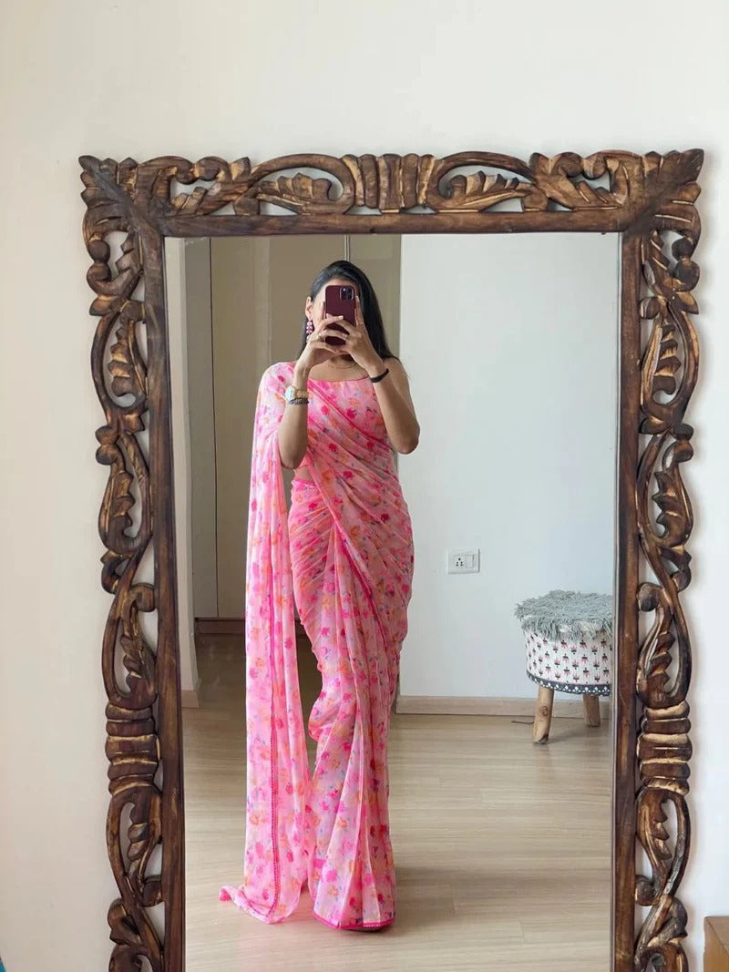 Pink Floral Printed Ready-to-Wear Saree  330