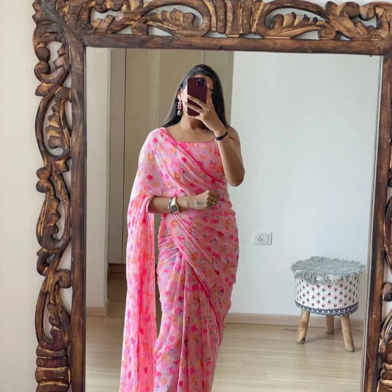 Pink Floral Printed Ready-to-Wear Saree  330