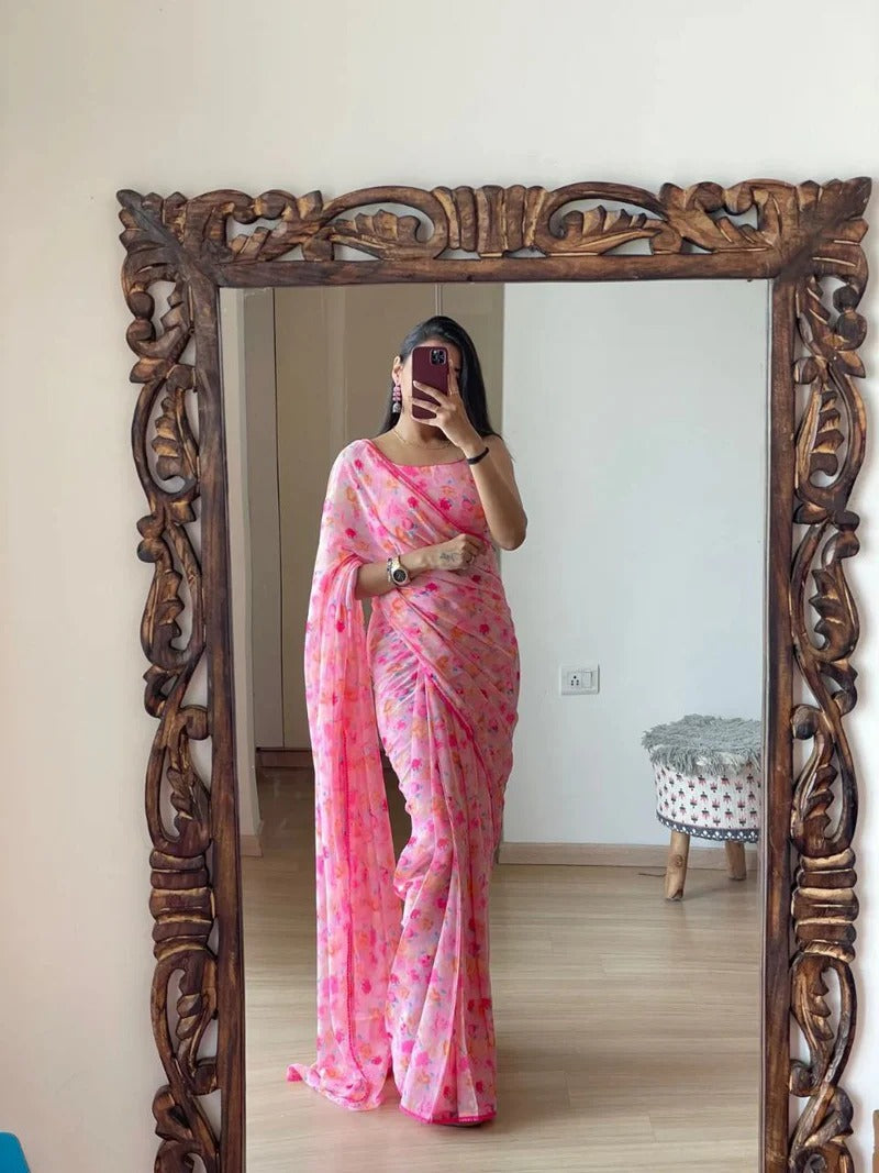 Pink Floral Printed Ready-to-Wear Saree  330