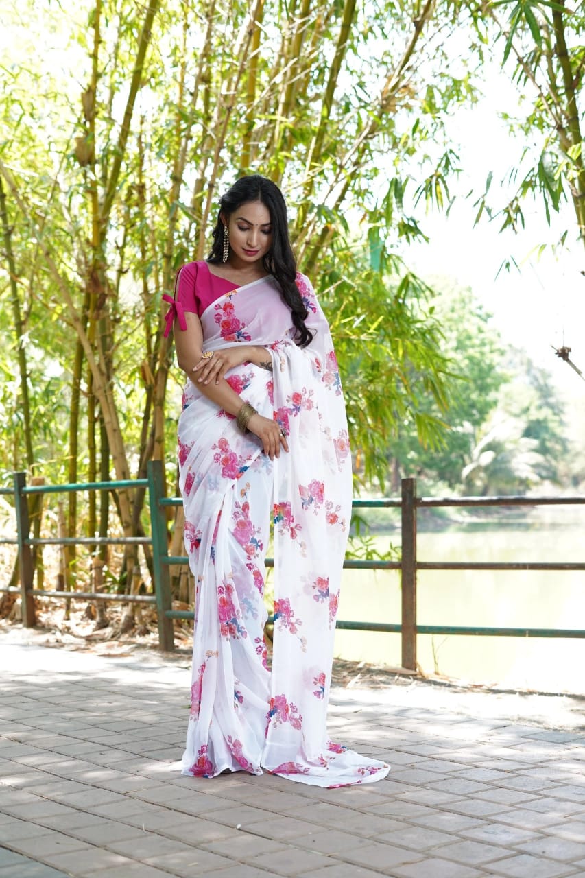White Printed Ready-to-Wear Saree 380