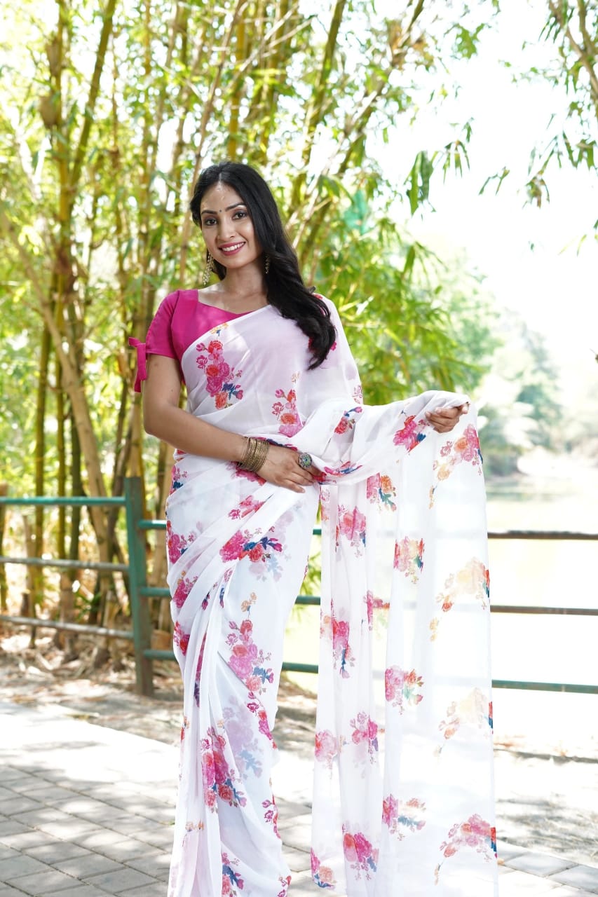 White Printed Ready-to-Wear Saree 380