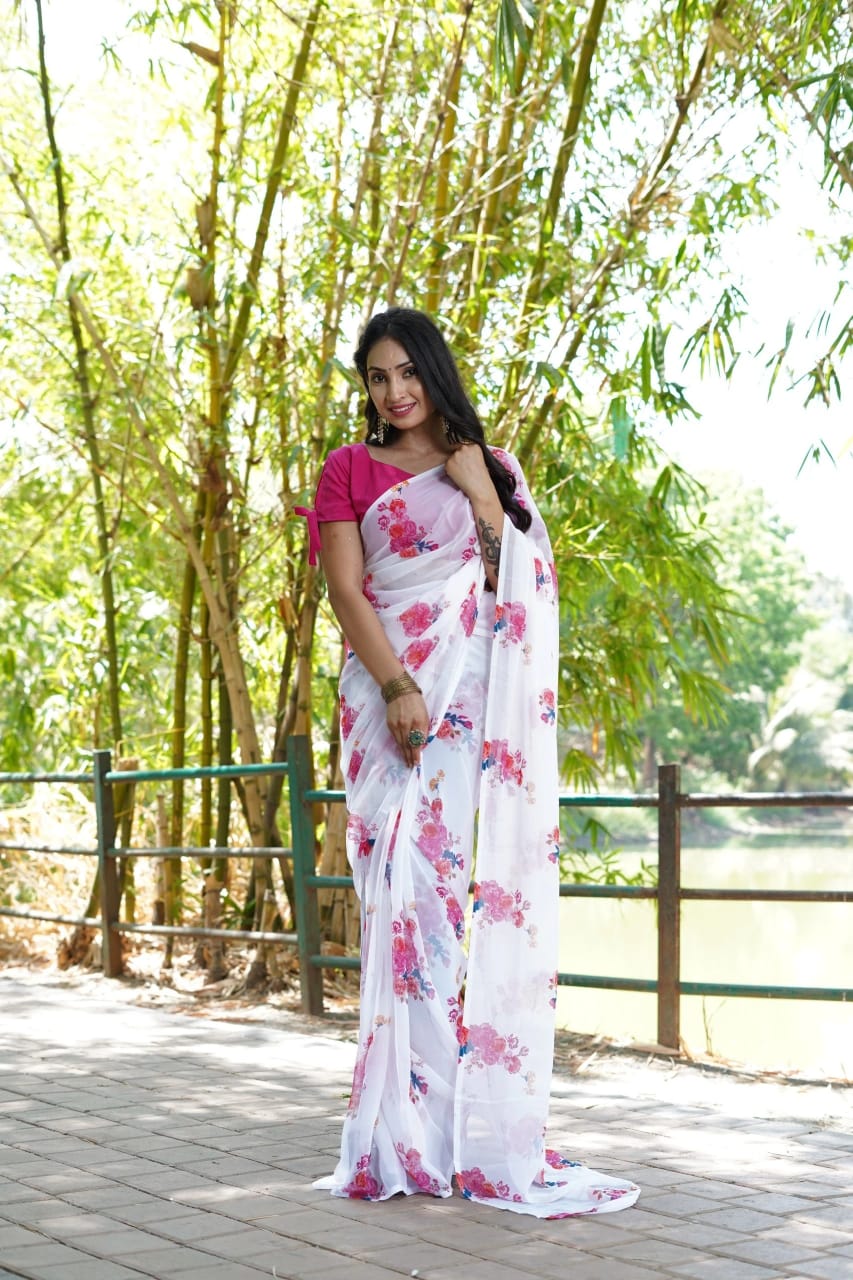White Printed Ready-to-Wear Saree 380