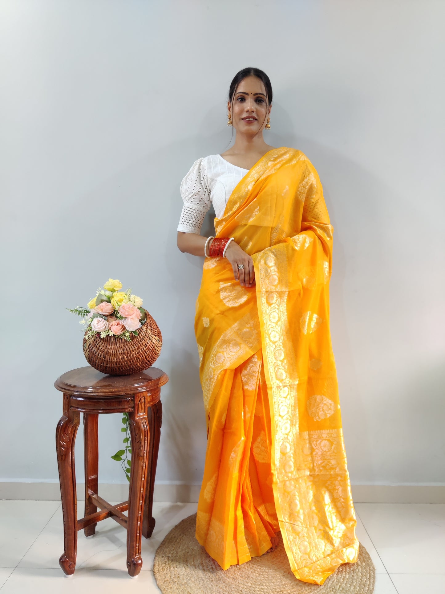 Yellow Banarsi Design Ready-to-Wear Saree 190