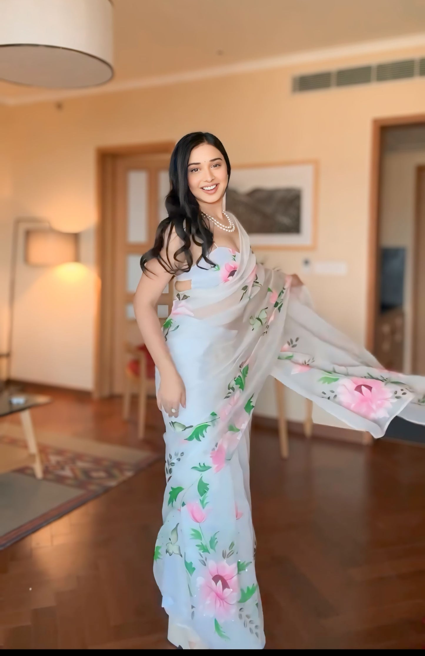 White Floral Printed Ready-to-Wear Saree  280-1