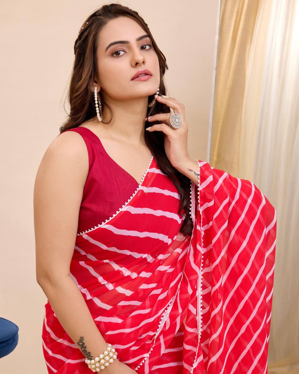 Red and white Printed Ready-to-Wear Saree 422