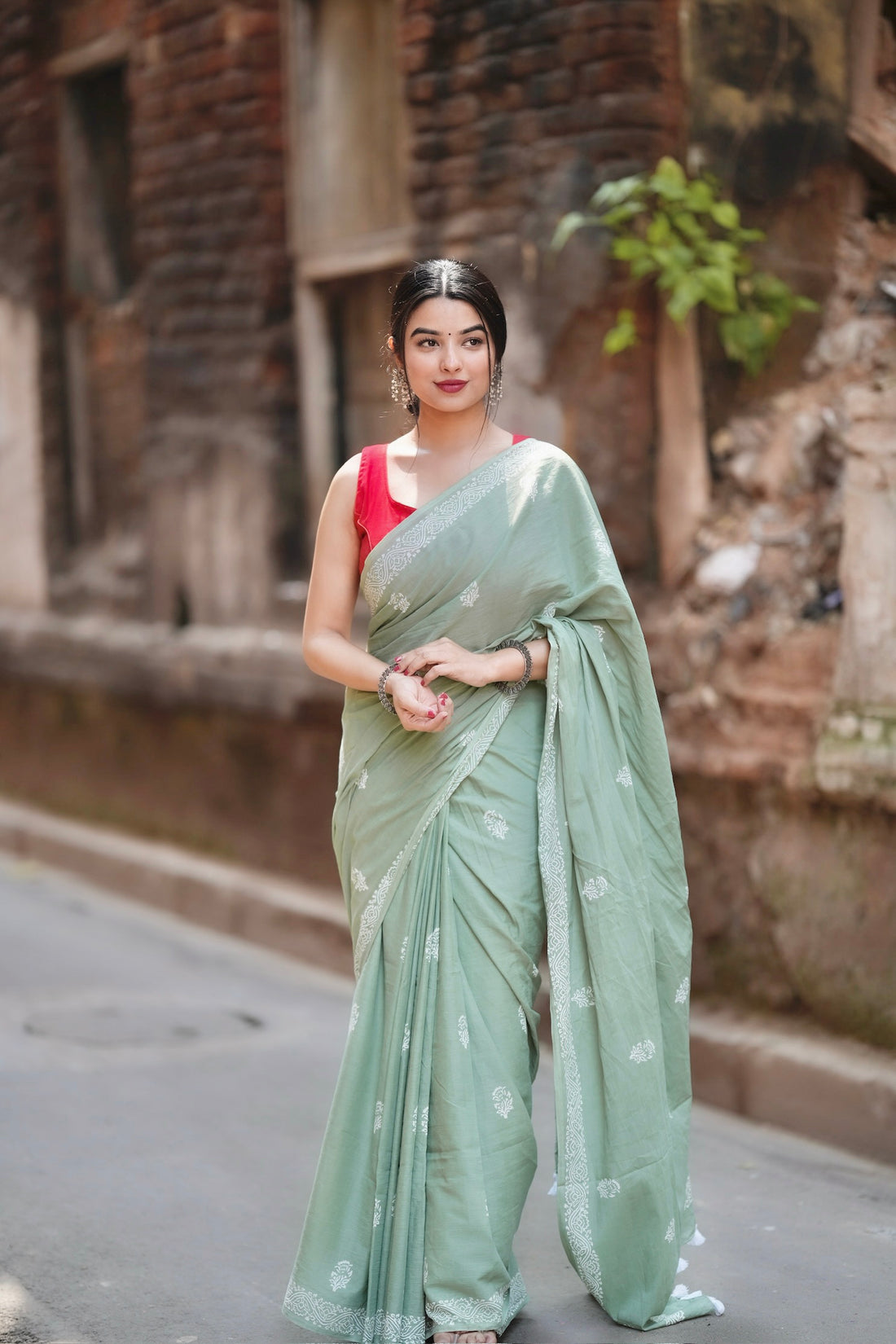 Light Green Cotton Ready-to-Wear Saree 451