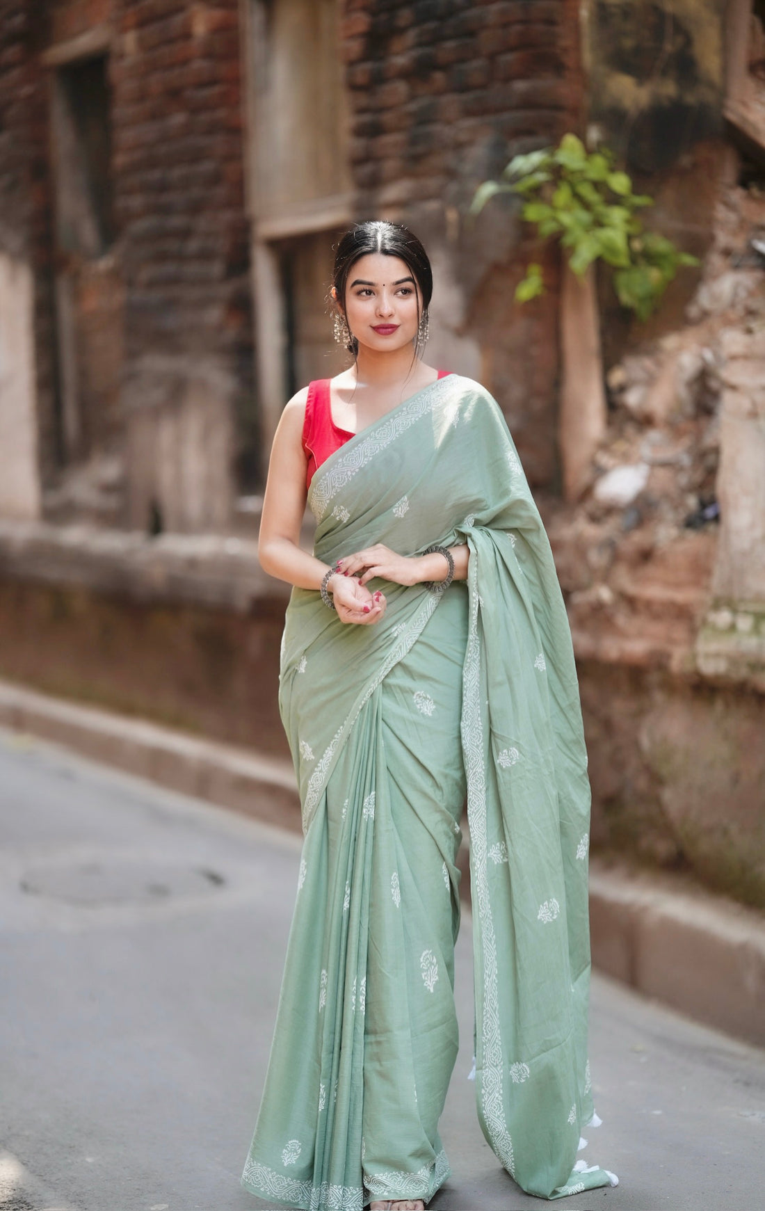 Light Green Cotton Ready-to-Wear Saree 451