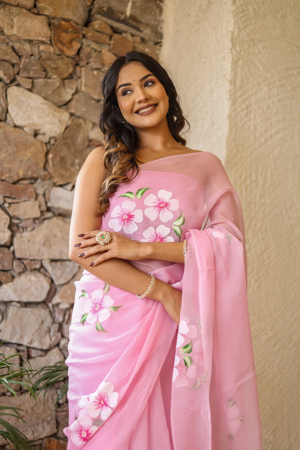 Pink Floral Printed Ready-to-Wear Saree 387