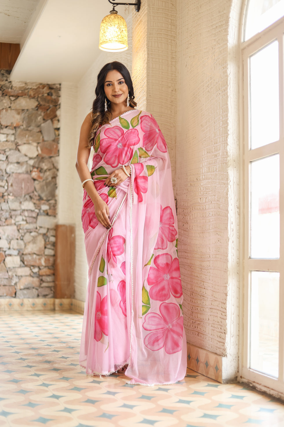 Pink Floral Printed Ready-to-Wear Saree 409