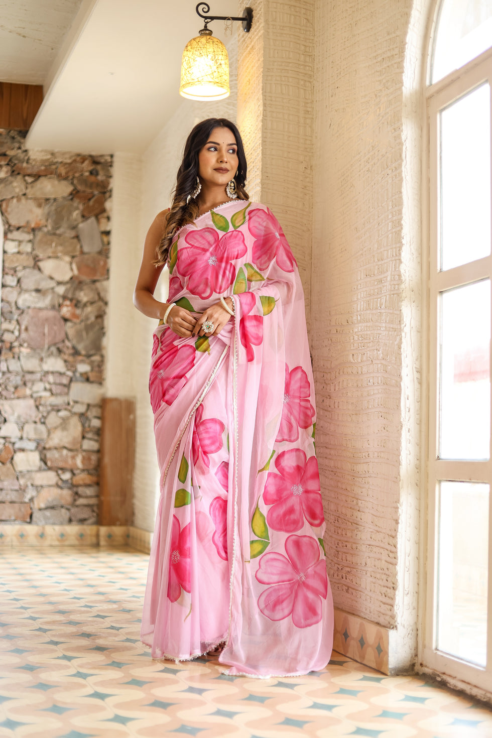Pink Floral Printed Ready-to-Wear Saree 409